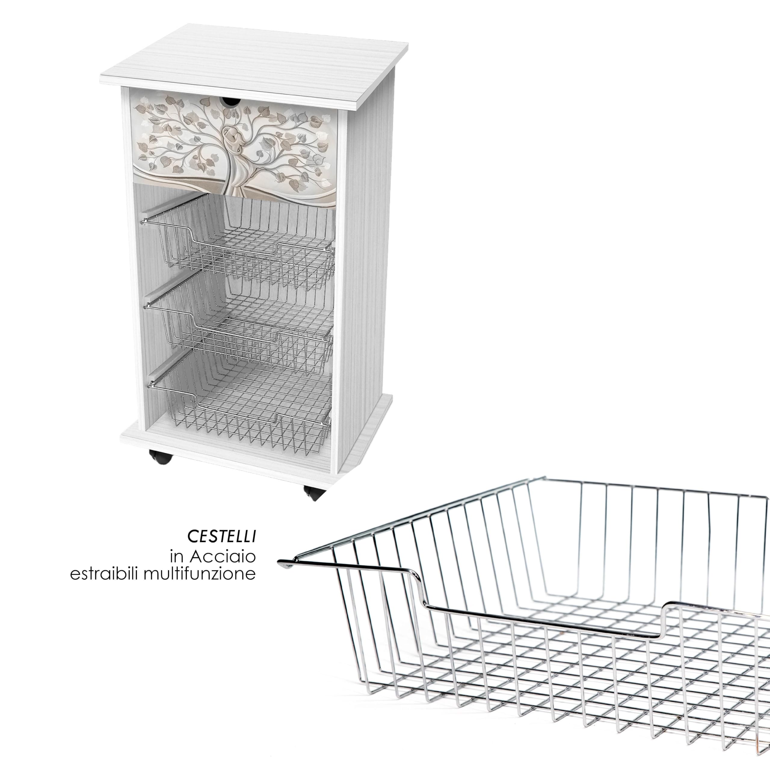 Lupia - Carrello Cucina Multifunzione Bianco WHITE ALBERO ABBRACCIO, Portafrutta Ruote Piroettanti, Piano di Appoggio, tre Cestelli Estraibili in Acciaio, Legno 40X45H85 cm montato