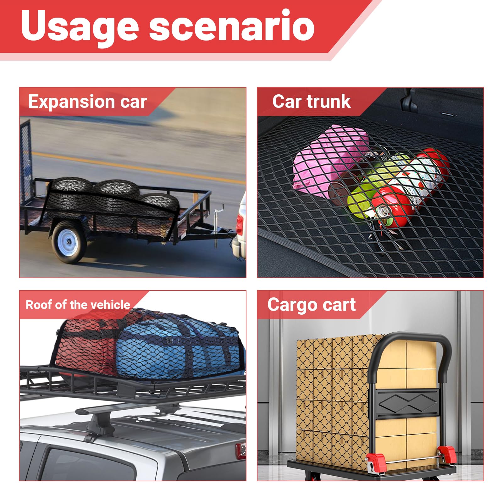 Filet de coffre de 1,2 x 1,2 m extensible jusqu'à 2,1 m x 2,1 m - Filet à bagages hautement élastique - Filet de sécurité pour coffre - Avec 8 mousquetons en acier - Pour la plupart des