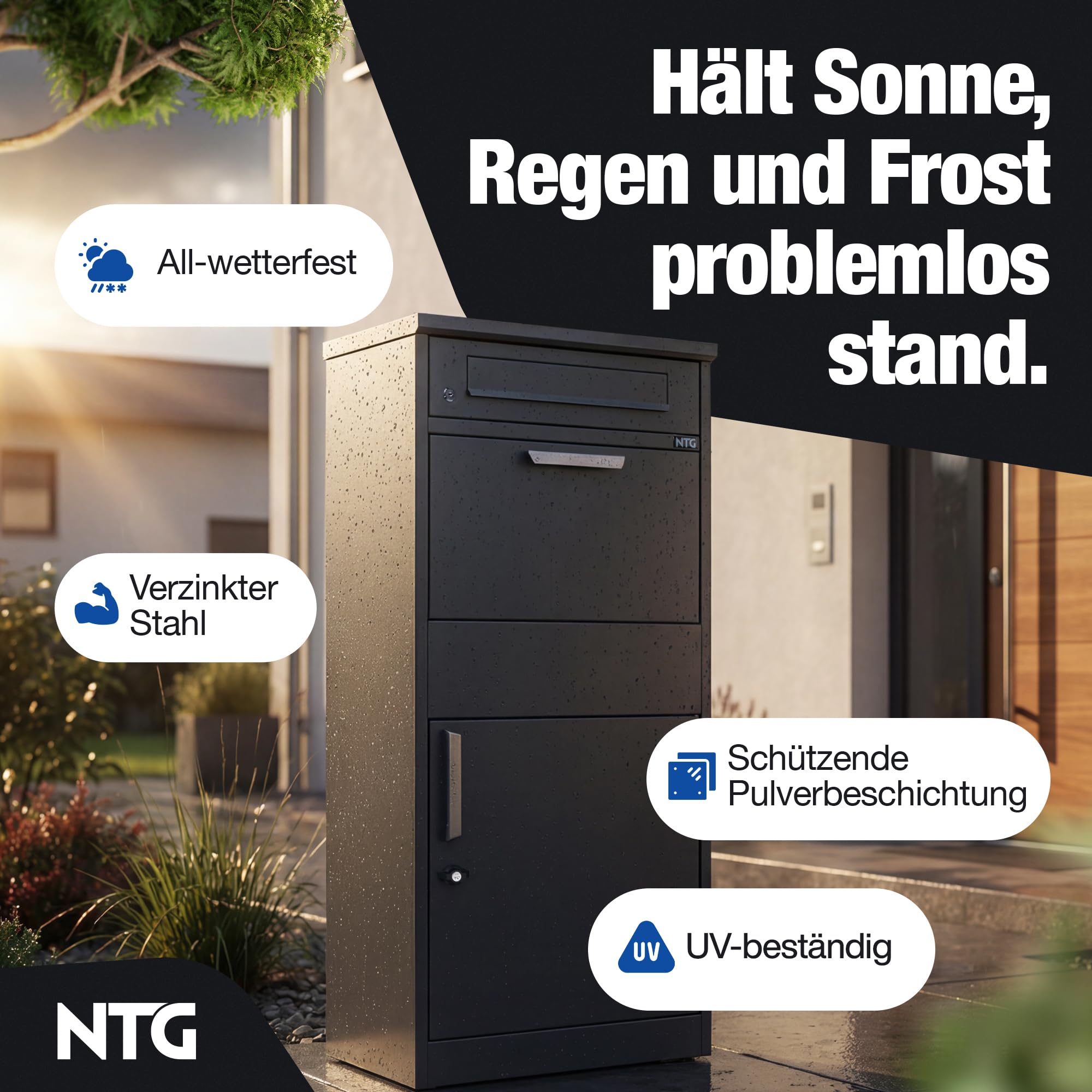 NTG Paketbox Draussen groß XXL – Wetterfest & Abschließbar – Paketbriefkasten XXL aus verzinktem Stahl – Standbriefkasten freistehend – Pakete bis 400x280x200mm – Inkl. 4 Schlüssel & Bodenmontage