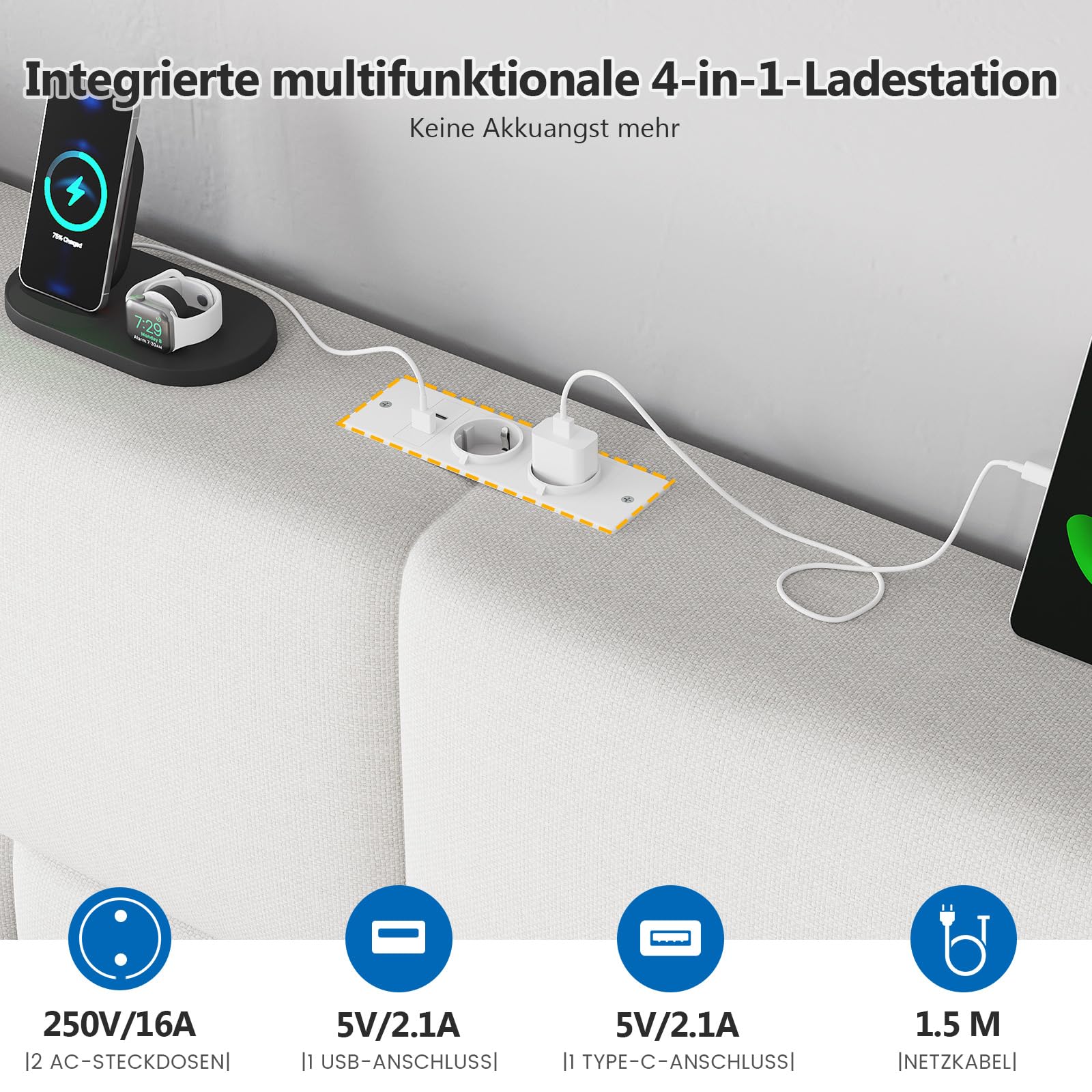 Polsterbett 140x200 cm mit hydraulischem Bettkasten und höhenverstellbarem Kopfteil, Ladestation (2 AC-Steckdosen, 1 USB-A, 1 USB-C Anschluss) Bett 140x200 mit Stauraum, Doppelbett Jugendbett, Weiß