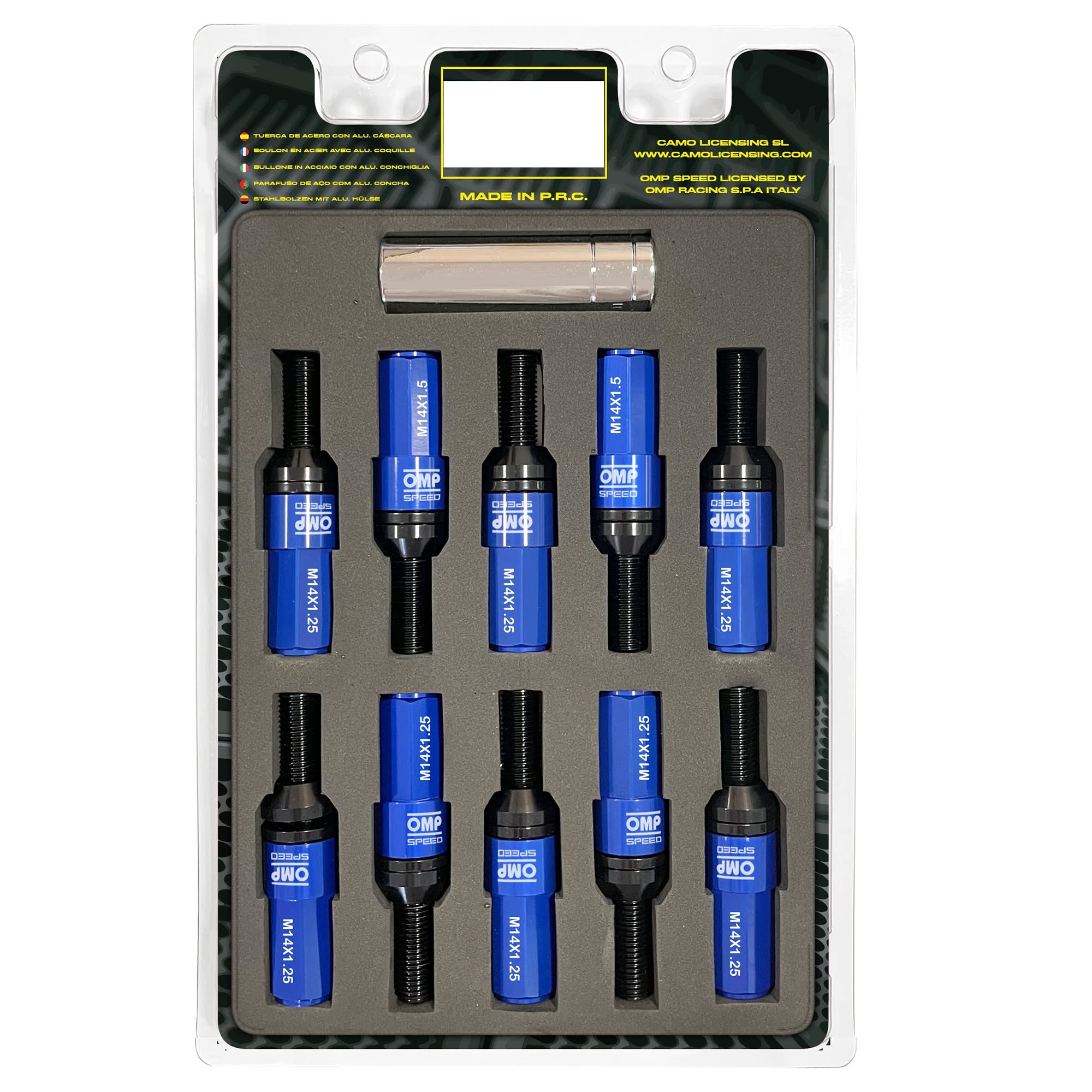 OMP SPEED Set 20 Schwarze Radschrauben mit M14X1.25 Metrisch 17-19 Lang Gewinde 28MM mit Blau Aluminium Protektor 7075 + DIN 12.9