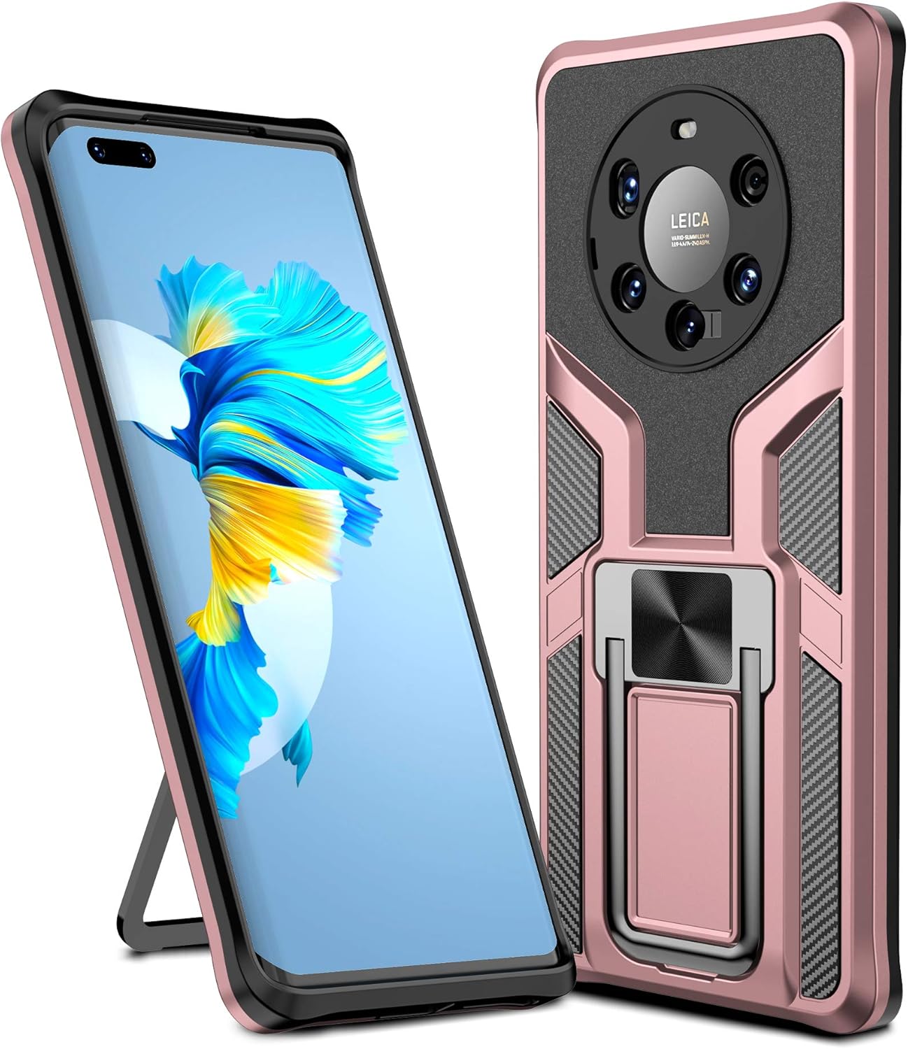 Dqtaoply Funda Compatible con Huawei Mate 40 Pro+, Antigolpes Flexible TPU Silicona y PC Duro Carcasa + Aleación de Aluminio Anillo imán Soporte Grado Militar Case para Huawei Mate 40 Pro+,Oro Rosa