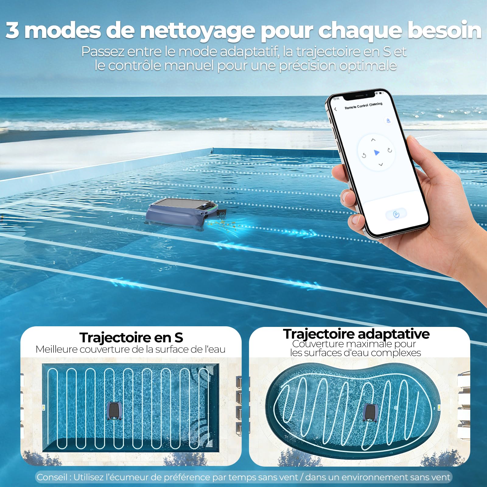 PS100 Robot de piscine solaire sans fil avec contrôle par application, nettoyage de surface 24h/24, 7j/7, panier filtrant de 6 l, détection d'obstacles à ultrasons pour toutes les piscines