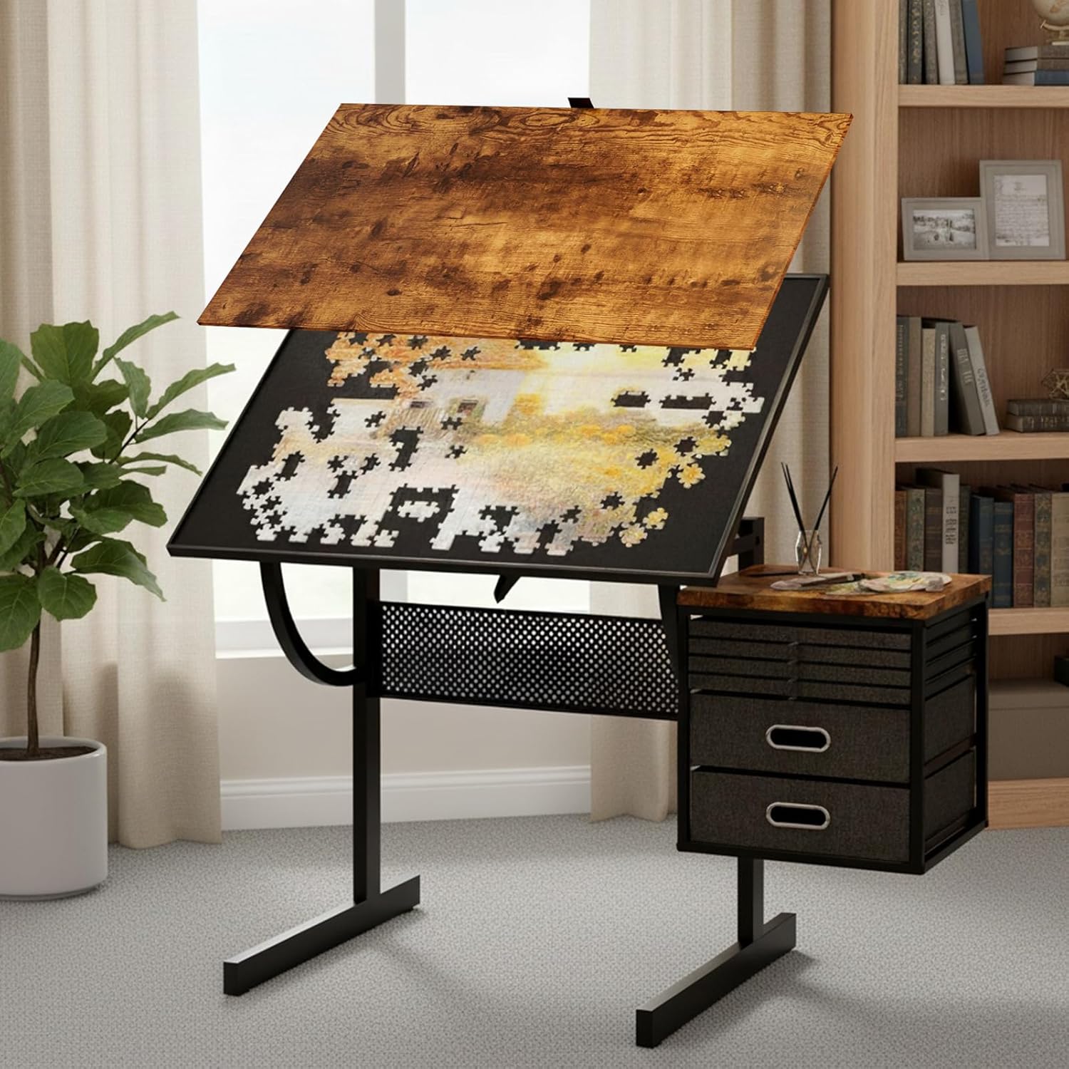2 in 1 Puzzle Table Double-Sided with Felt Storage Trays, Adjustable Drafting Desk with Drawers, Art Table with 75° Tilted Tabletop, Diamond Painting Work Station for Home Office, Crafting, Brown