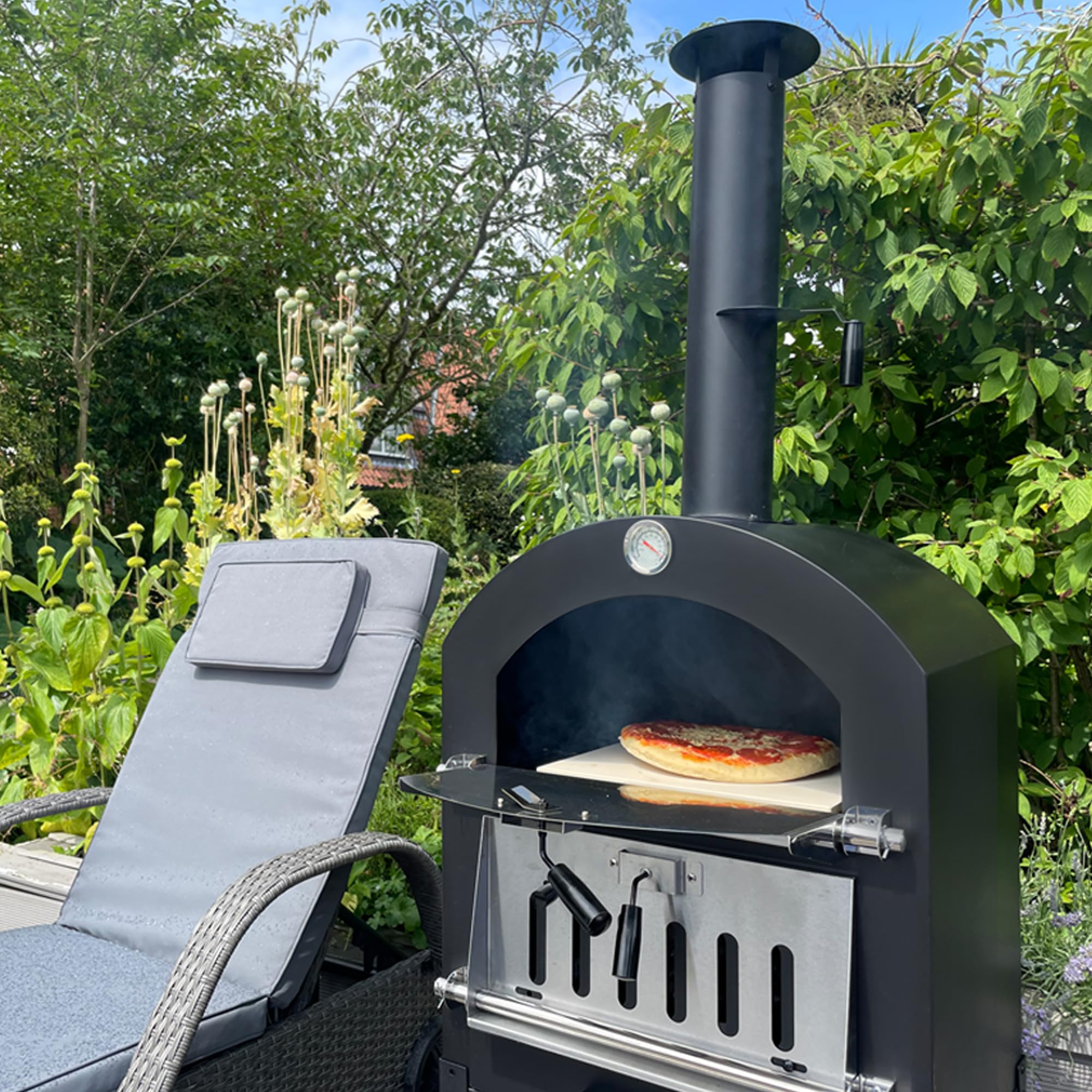 KuKoo - Forno Multifunzione a Carbonella per Pizza da Esterni Giardino Vialetto e Balcone Carne e Pesce in Acciaio Con Pala per Pizza e Cutter