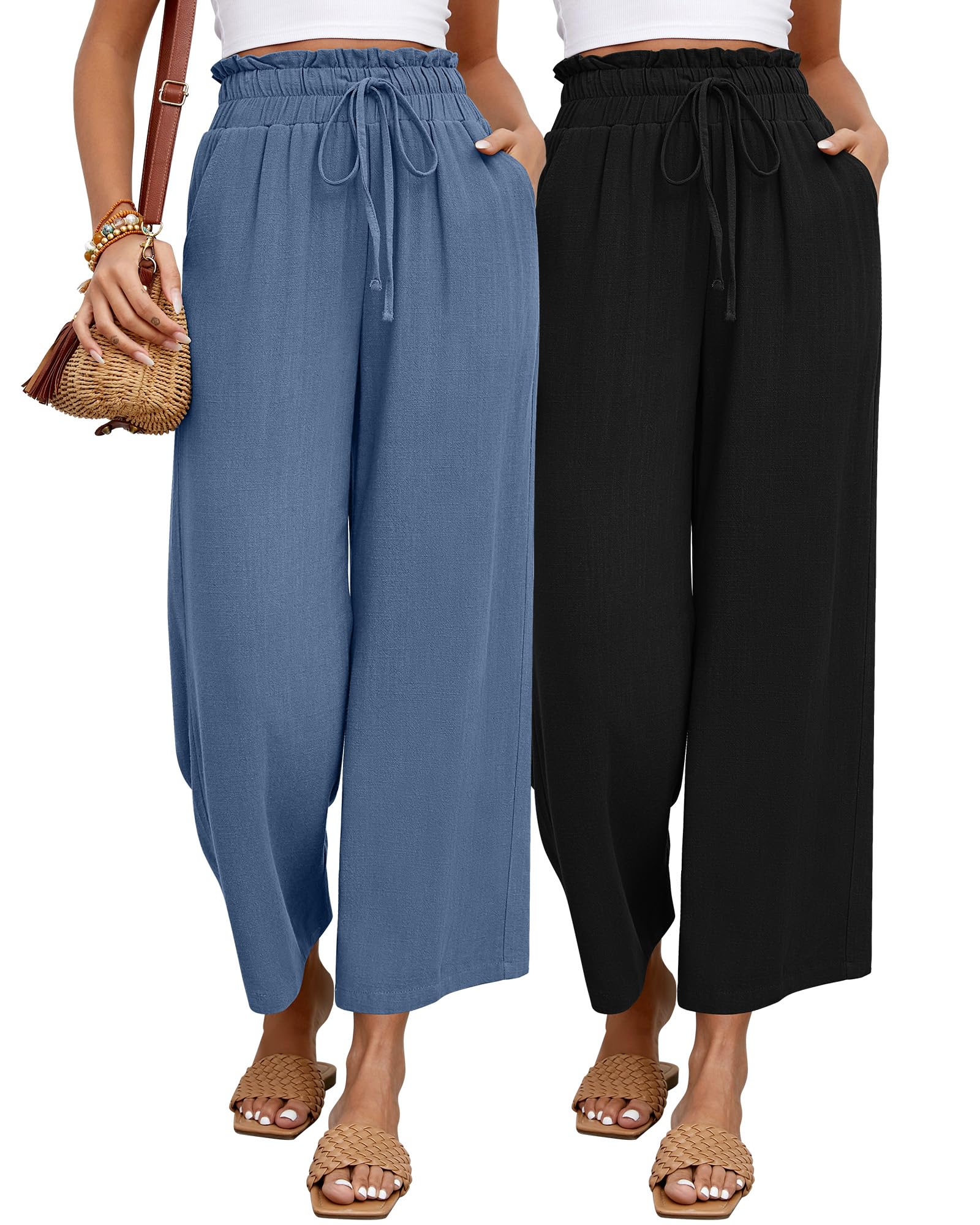 Riyiper 2 Pcs Women's Wide Leg Pants, Casual Linen High Waisted Cropped Trousers with Pockets Drawstring Loose Palazzo Pants