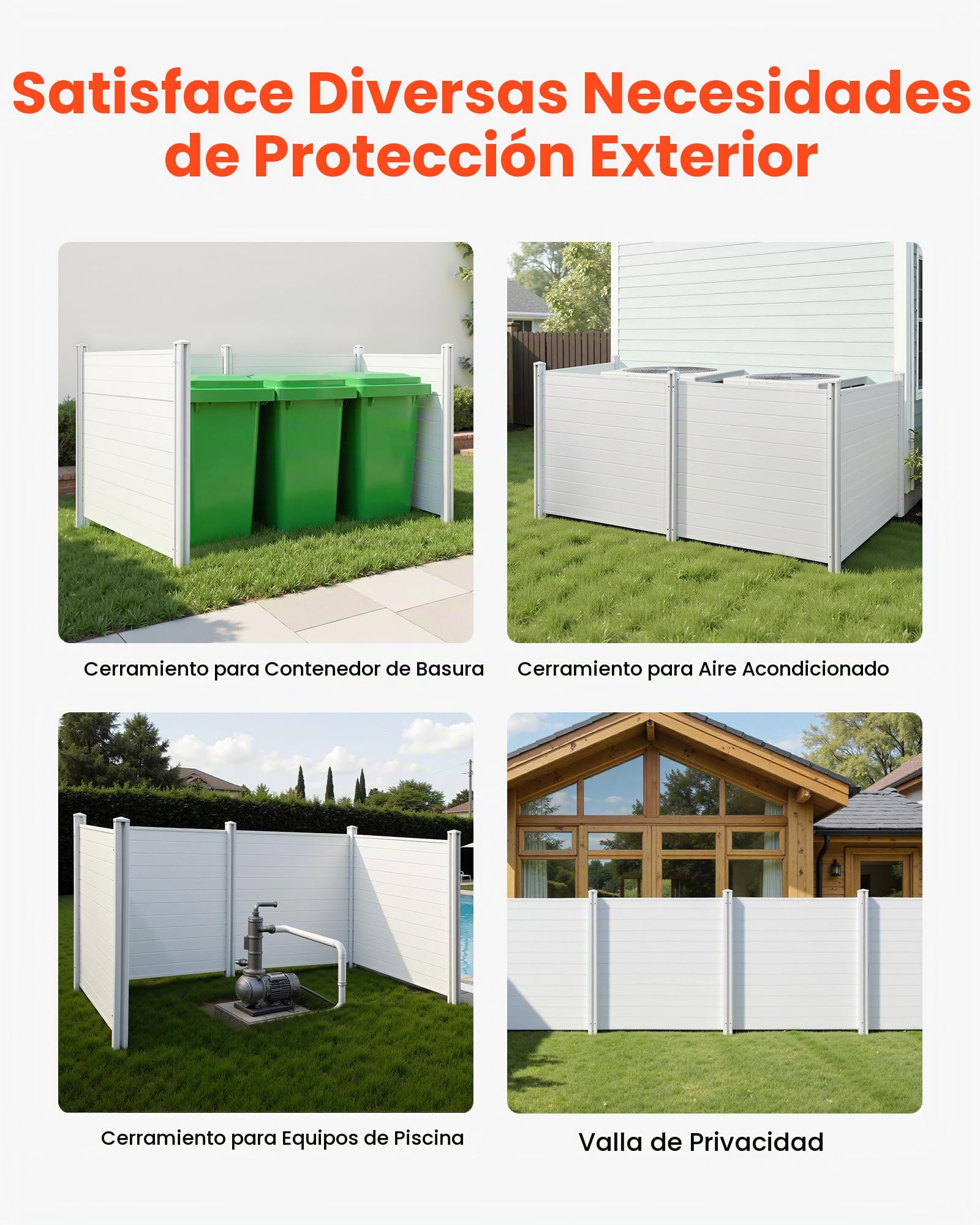 VEVOR Panel de Protección Exterior 127x127 cm Kit de Valla de Jardín Horizontal 4 Paneles de Privacidad con Estacas de Metal, Accesorios para Suelos Blandos, Aire Acondicionado Oculto, Botes de Basura