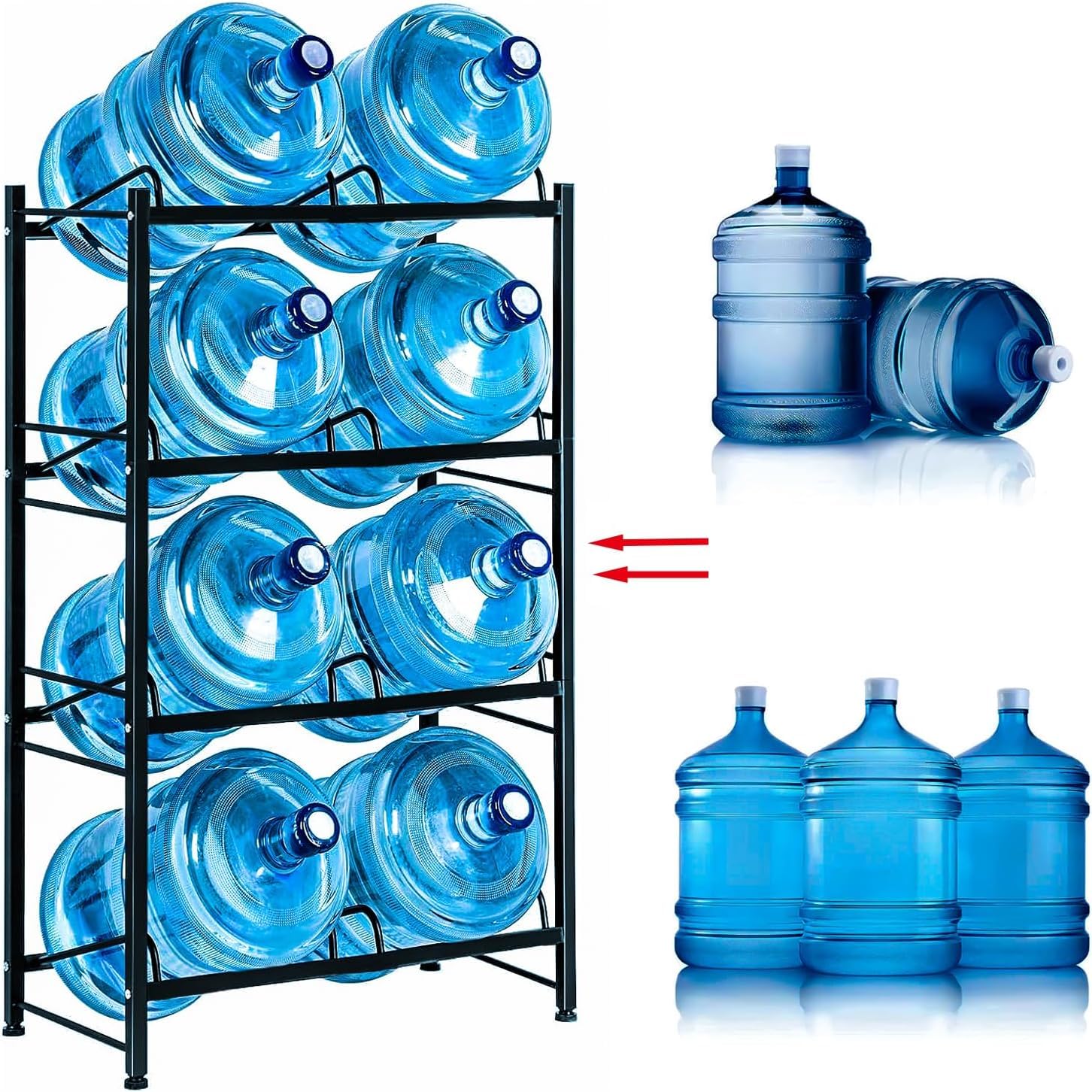 Soporte de almacenamiento resistente de 8 bandejas para jarra de agua, 4 niveles, 2 filas para botellas enfriadoras de agua de 5 galones, acero al carbono, ideal para el hogar, oficina, cocina,