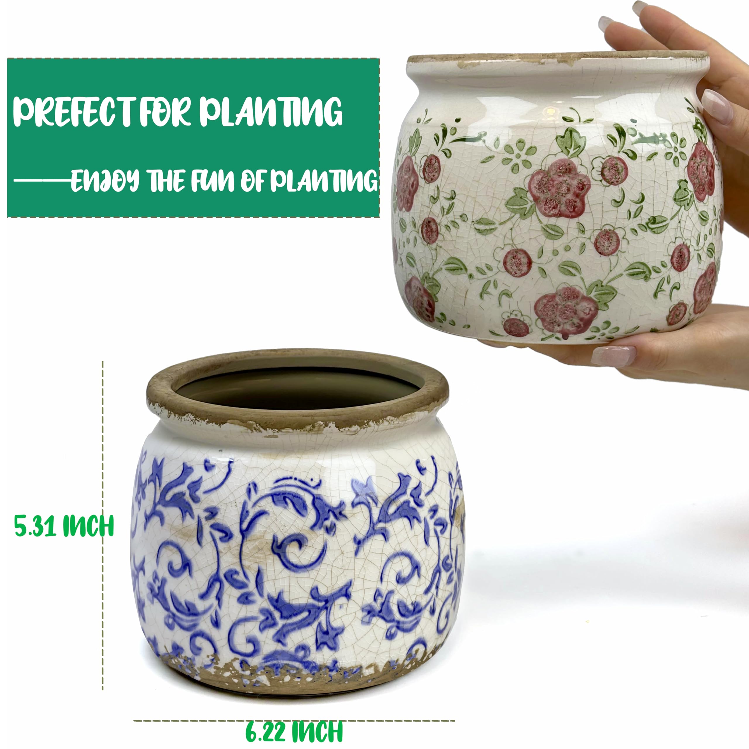 置物 Rainy Summer Dosayes Vintage Ceramic Ice Crack Flower Pot with Drainage