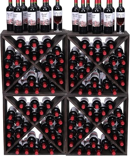 Miniatura 9 de Estantes de vino para encimera, madera maciza, apilables, cubo rústico retro, 48 botellas, estante de vino de madera (48 botellas, negro)