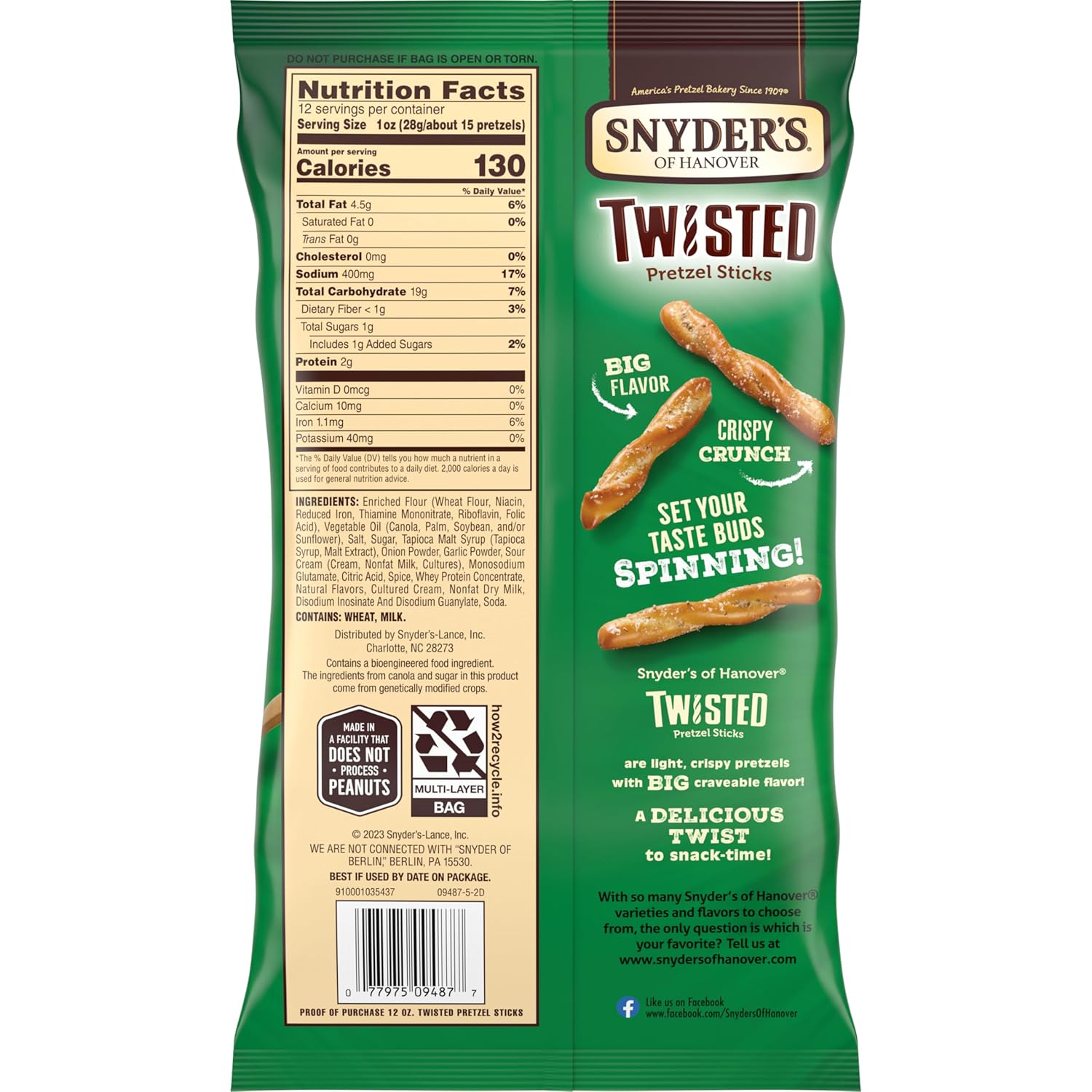 Snyder's of Hanover, Sour Cream & Onion Twisted Pretzel Sticks, 12 Oz Bag (Pack of 3)