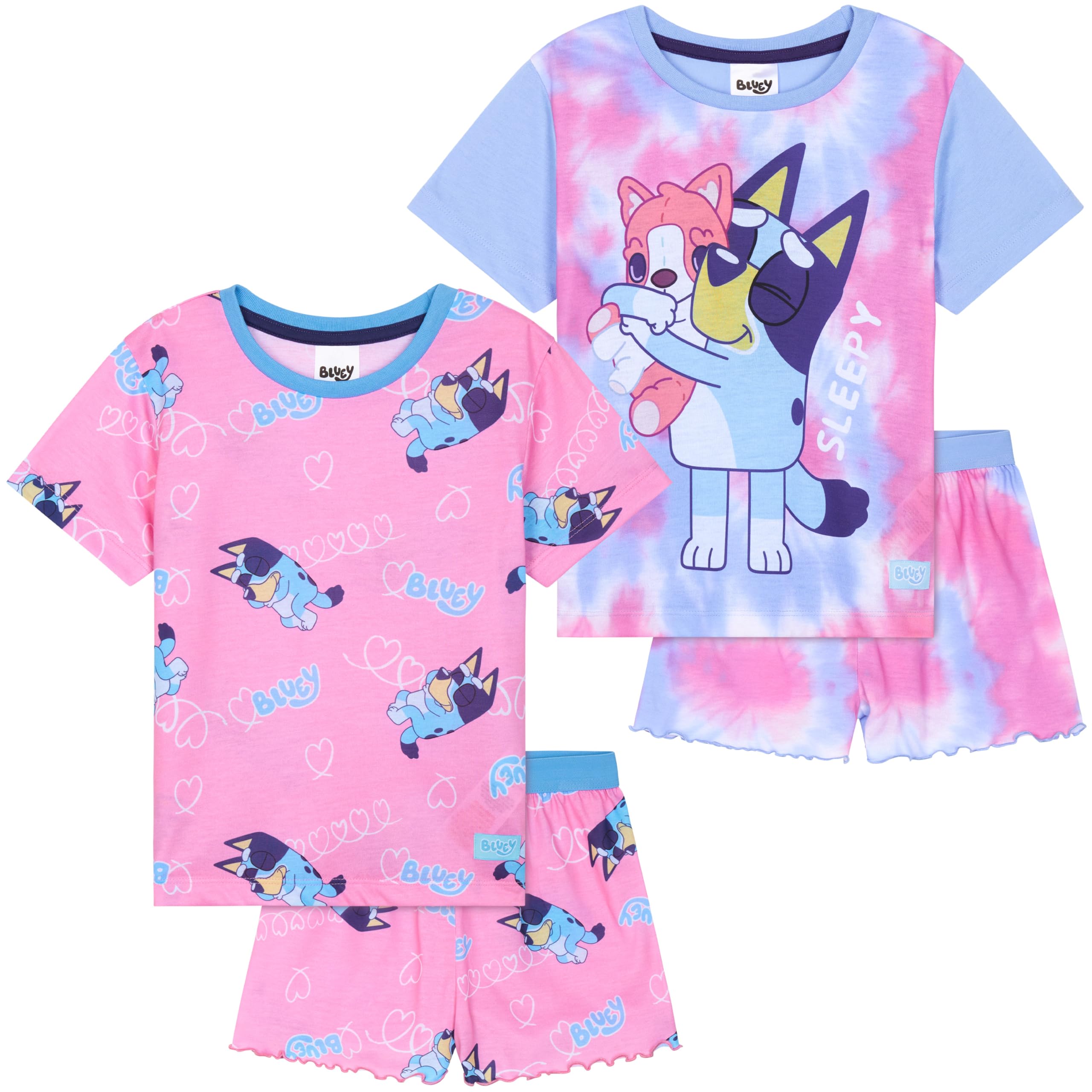 Get Trend Bluey PJs Girls 2 Pack Short Sleeve Pyjamas Set Kids Lounge Sets Tie Dye Soft Comfy Sleepwear Gifts for Girls (5-6 Years, Multi Bluey, 2)