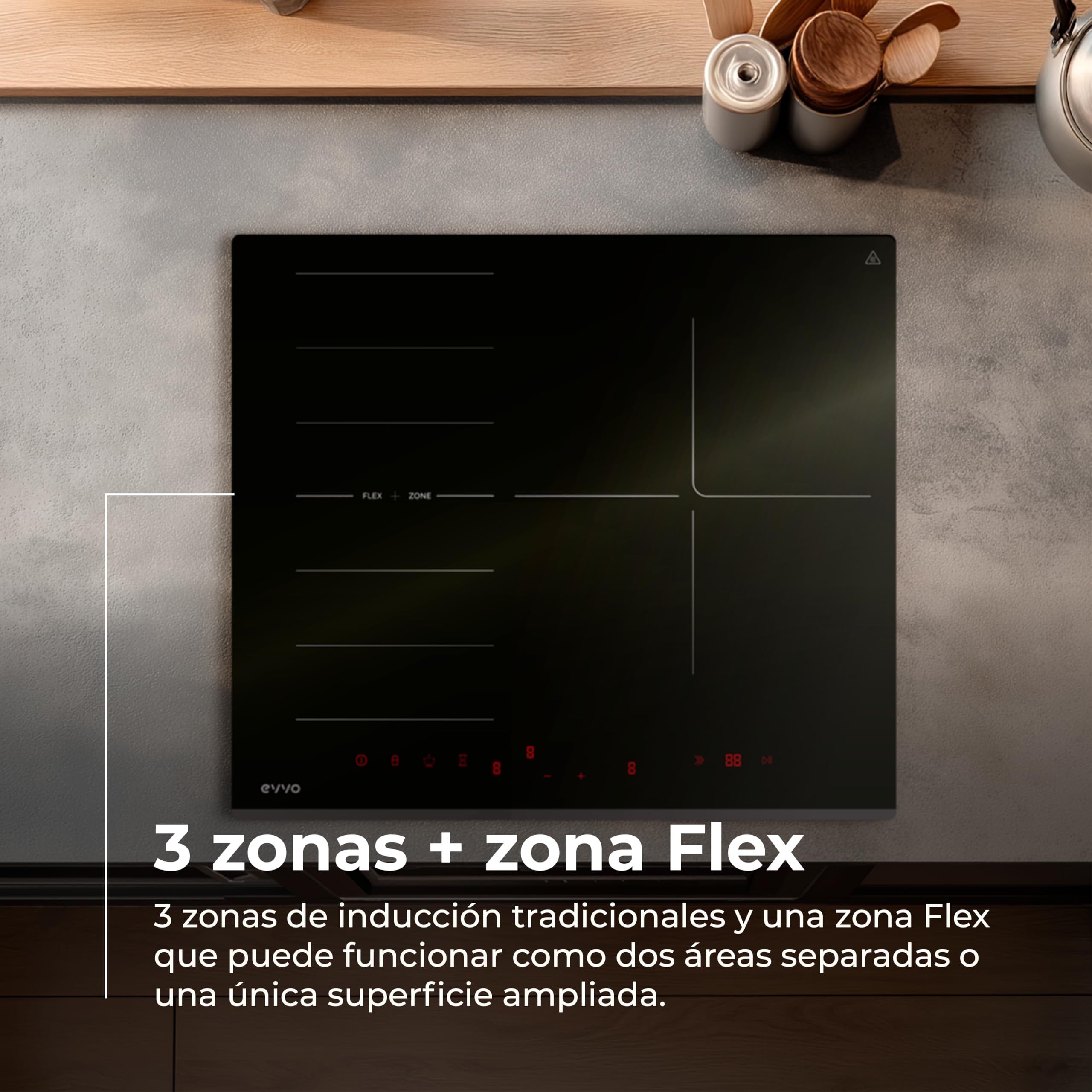 EVVO Placa Inducción V62 - Vitrocerámica Inducción 4 Zonas, Zona Flexible, 7200W, Booster, Control Táctil, 9 Niveles, Bloqueo Infantil, Temporizador, Apagado Automático, Cristal Negro
