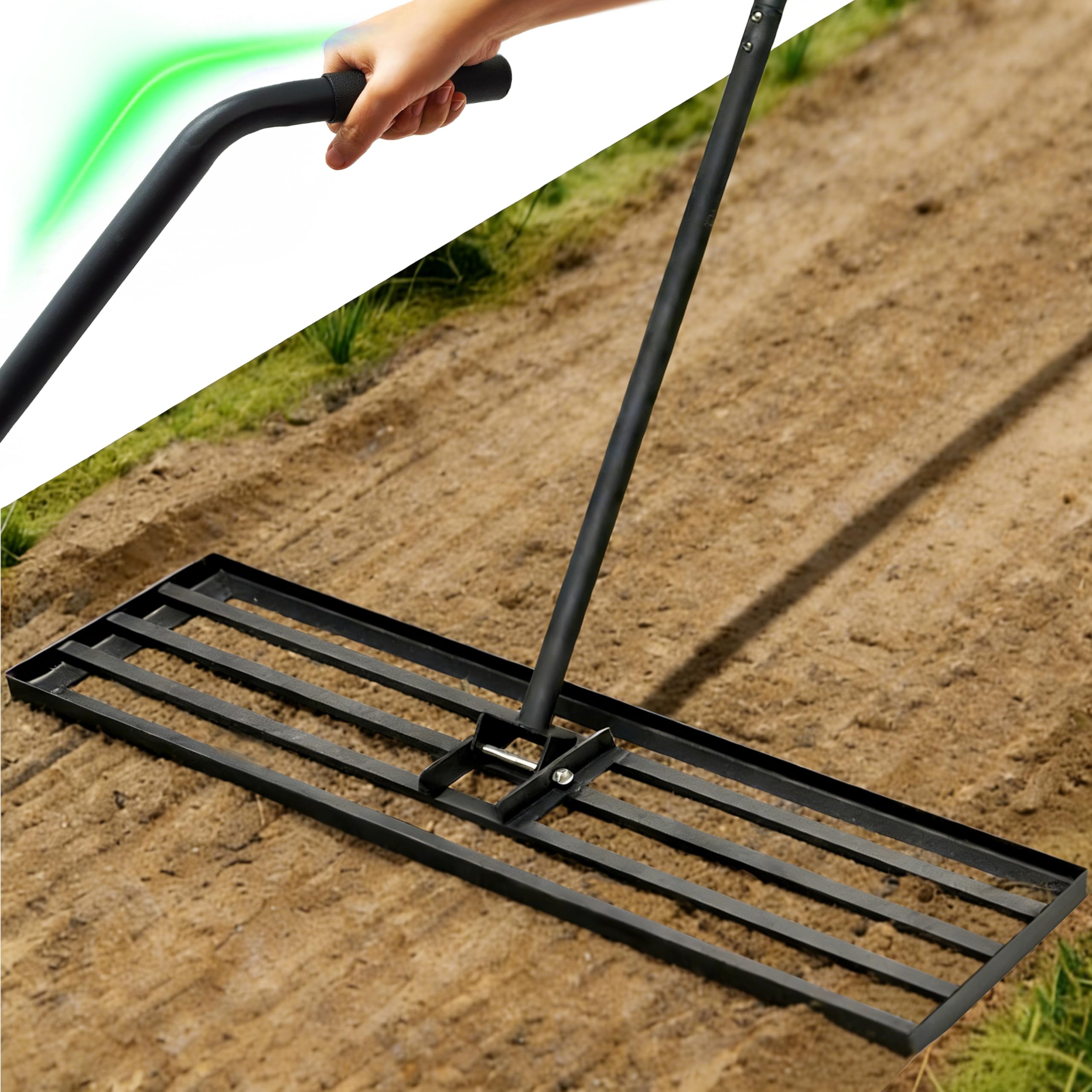 Rasen Rakel XXL,120x25cm Schwerer Nivellierrechen mit ergonomisch gebogenem 185cm Griff,Rasenrechen für Erde, Kies, Dünger, Ideal für Garten, Hof und Golfplatz Rasennivellierer