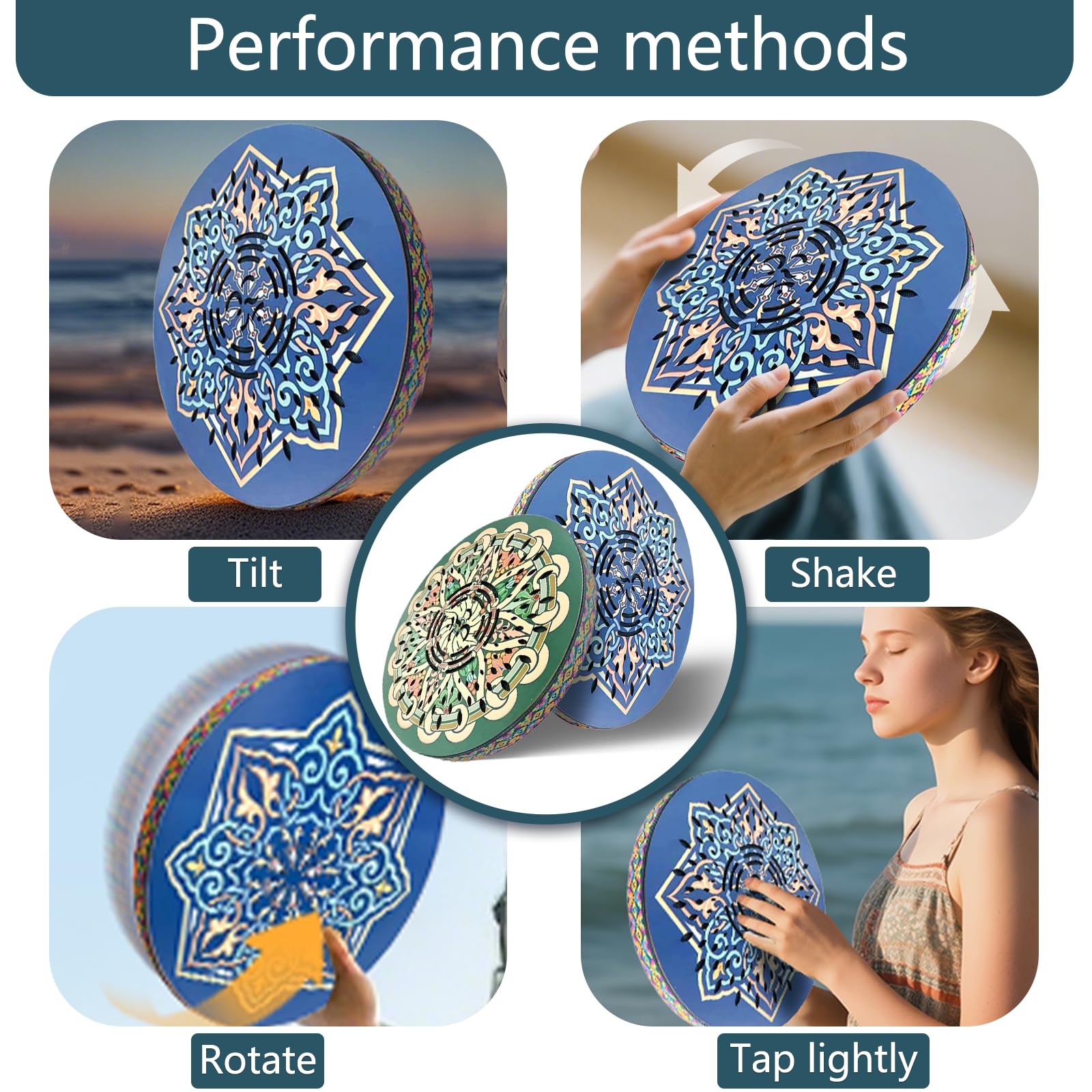 Tambour océanique de 30,5 cm, guérison par le son, disque de pluie « chute d'eau », musique onomatopée, cadeau pour yoga, méditation, accompagnement de performance (fleur bleue)
