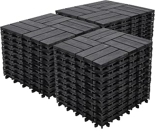 BlissHammocks Acacia Hardwood 12-Slat Interlocking Deck Tiles - Waterproof Non-Slip Patio Balcony Flooring, Aged Black, 30 Tiles 30 sq ft