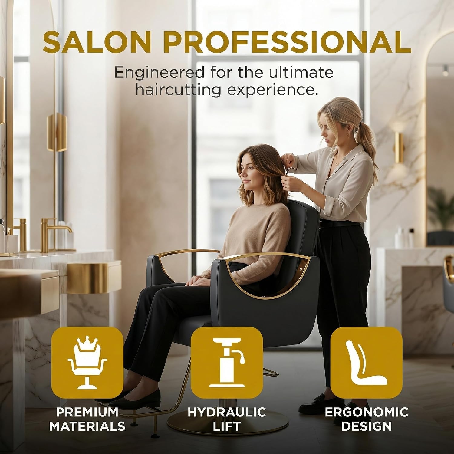 Professional Hydraulic Salon Chair with 360° Swivel & Foot Pump, Industrial-Grade Hydraulic Barber Chair for Hair Salon, Tattoo & Beauty Spa, Black & Gold, Hollow Armrest, Black, Hollow Armrest