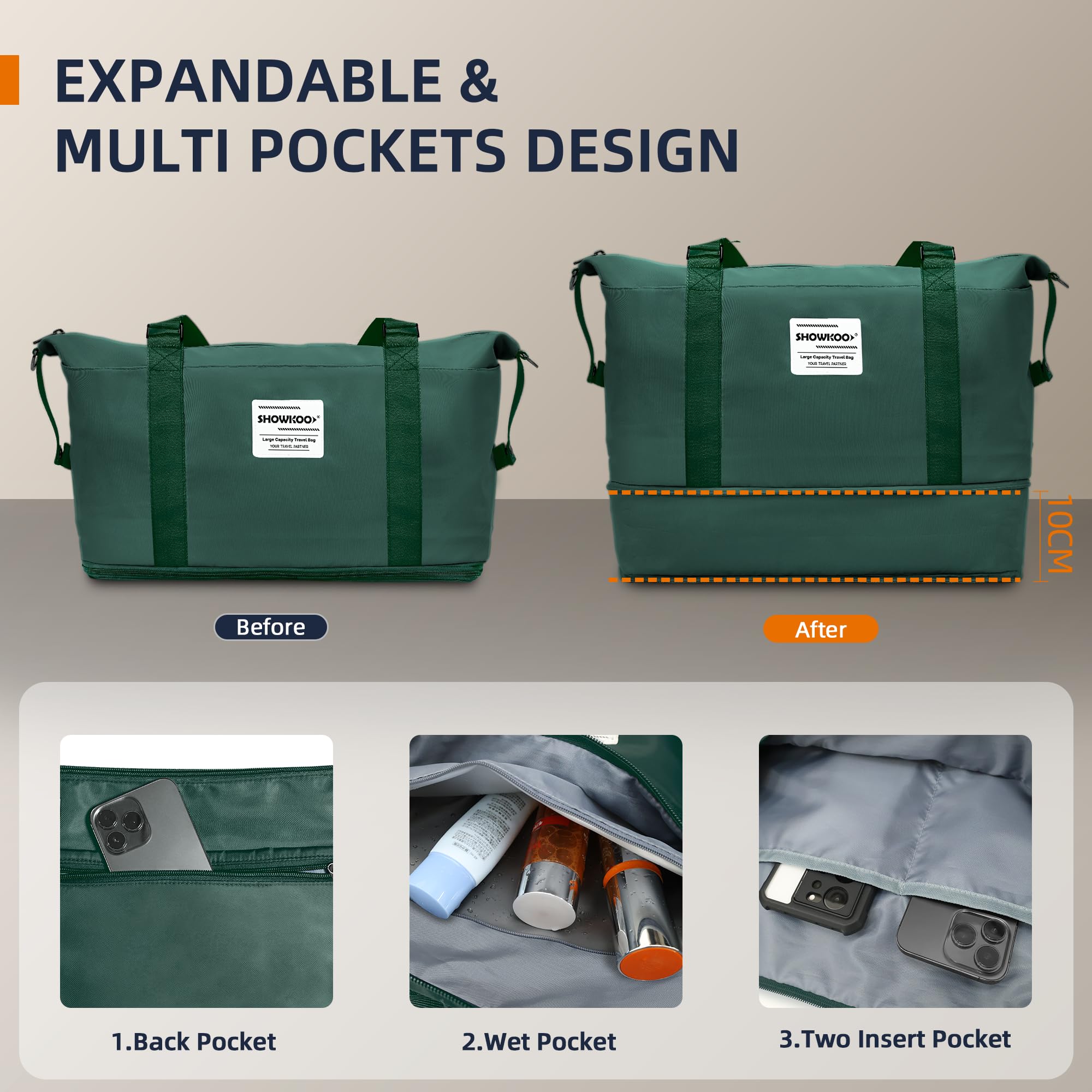 SHOWKOO Set Valigie Rigide 5 Pezzi Set Trolley da Viaggio Espandibile PC+ABS Leggero Ultra Durevole Valigia Bagaglio a Mano con Borsa da Toilette e Borsa da Viaggio, Verde