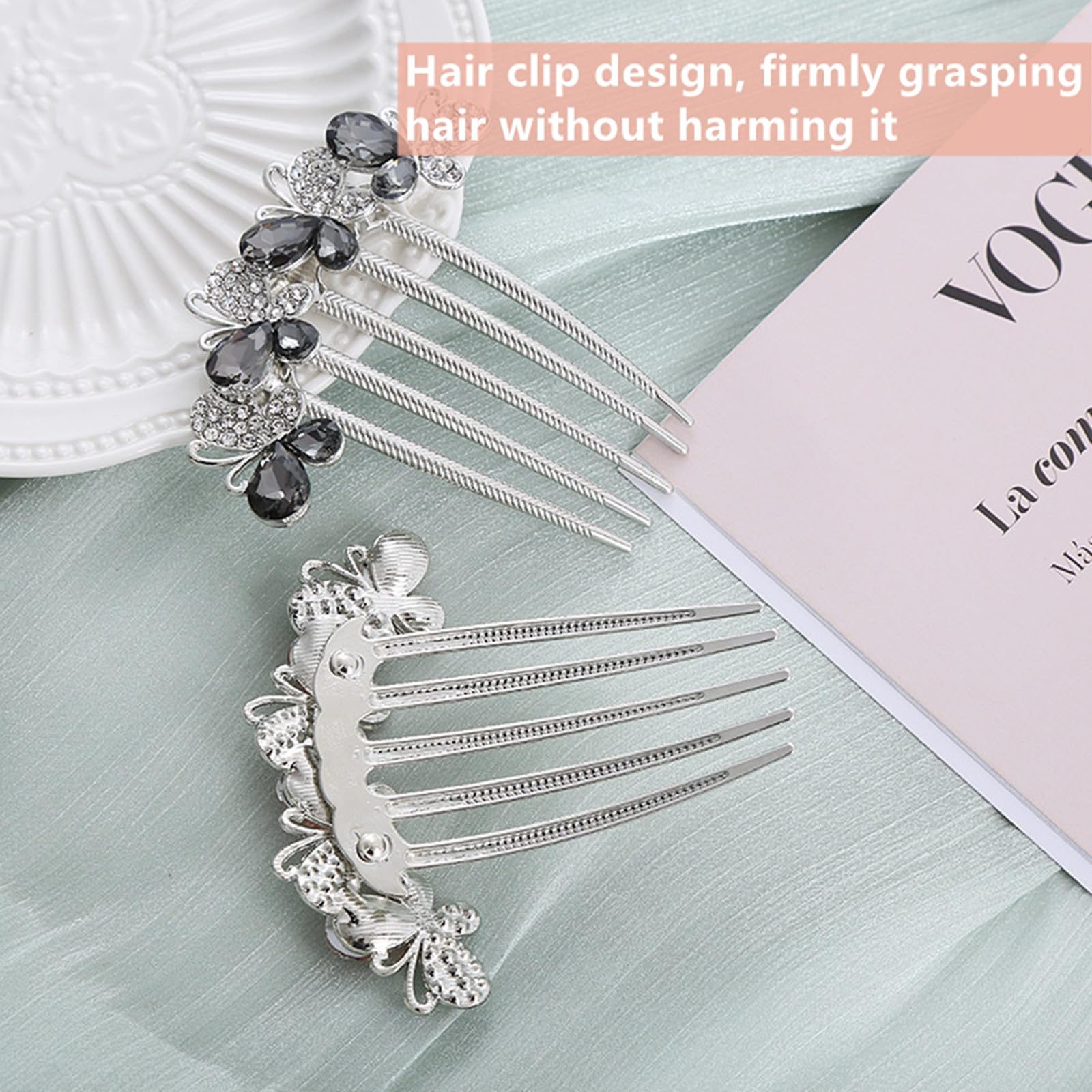 JLEivvi 2 PCS Crystal Rhinestone Butterfly Hair Combs, 5-Teeth Vintage Side Combs for Wedding Bridal, Party & Daily Wear - Image 4