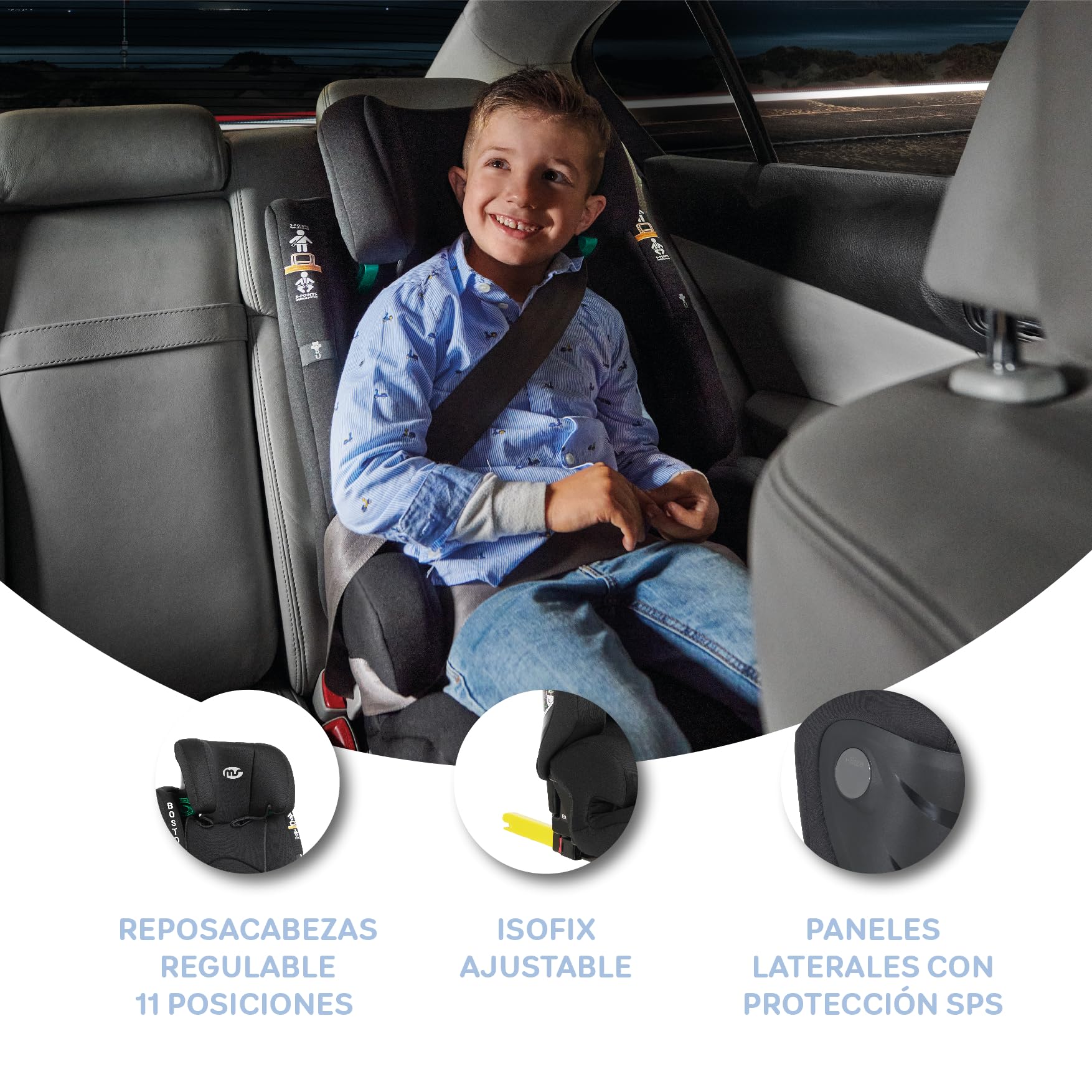MS - Silla de coche Boston Grupo 1/2/3 Isize (desde los 75 hasta los 150 cms de altura) con Isofix y Top tether, dual.