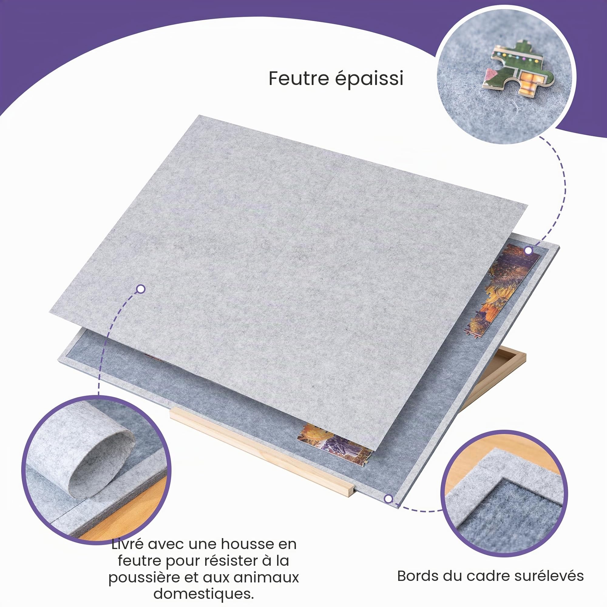 Tektalk Planche de Puzzle Pliable avec 4 Angles réglables, Plateau léger et Portable avec chevalet en Bois, Table de Puzzle Pliable en Feutre, jusqu'à 1500 pièces (Gris)