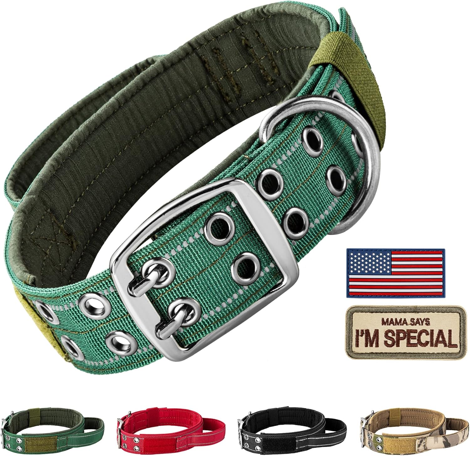 Annchwool Tactical Dog Collar for Medium and Large Dog,Adjustable Military Dog Collar with Soft Padded Handle,Heavy Duty Double Buckle Design(Green,M)