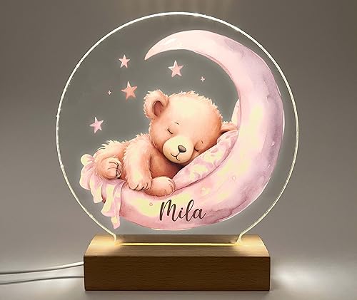 Miniatura 5 de MIRROR MANIA Osito de peluche luz nocturna de luna rosa para habitación de niños, luz de guardería, luz personalizada para niñas, regalo para niños,