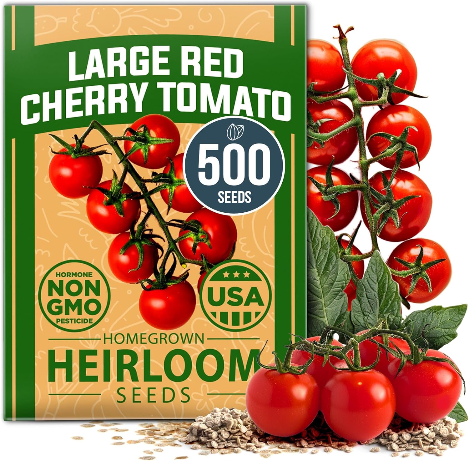 HOME GROWN Large Red Cherry Tomato Seeds Pack 500 High Germination Heirloom Seeds Vegetable Seeds for Garden,Homestead &amp; Self-Sufficient Growing(Solanum lycopersicum) - $6.99
