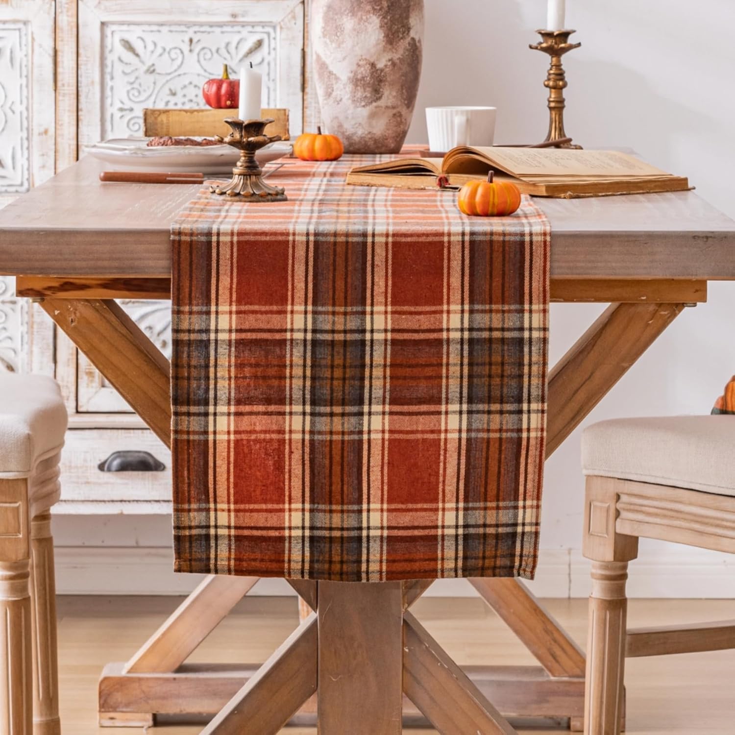 Plaid Fall Thanksgiving Table Runner, Autumn Holiday Rust Orange Table Runners 90 inches Long, Harvest Decorations Farmhouse Home Kitchen Dining Party Decor Rust 13" x 90"
