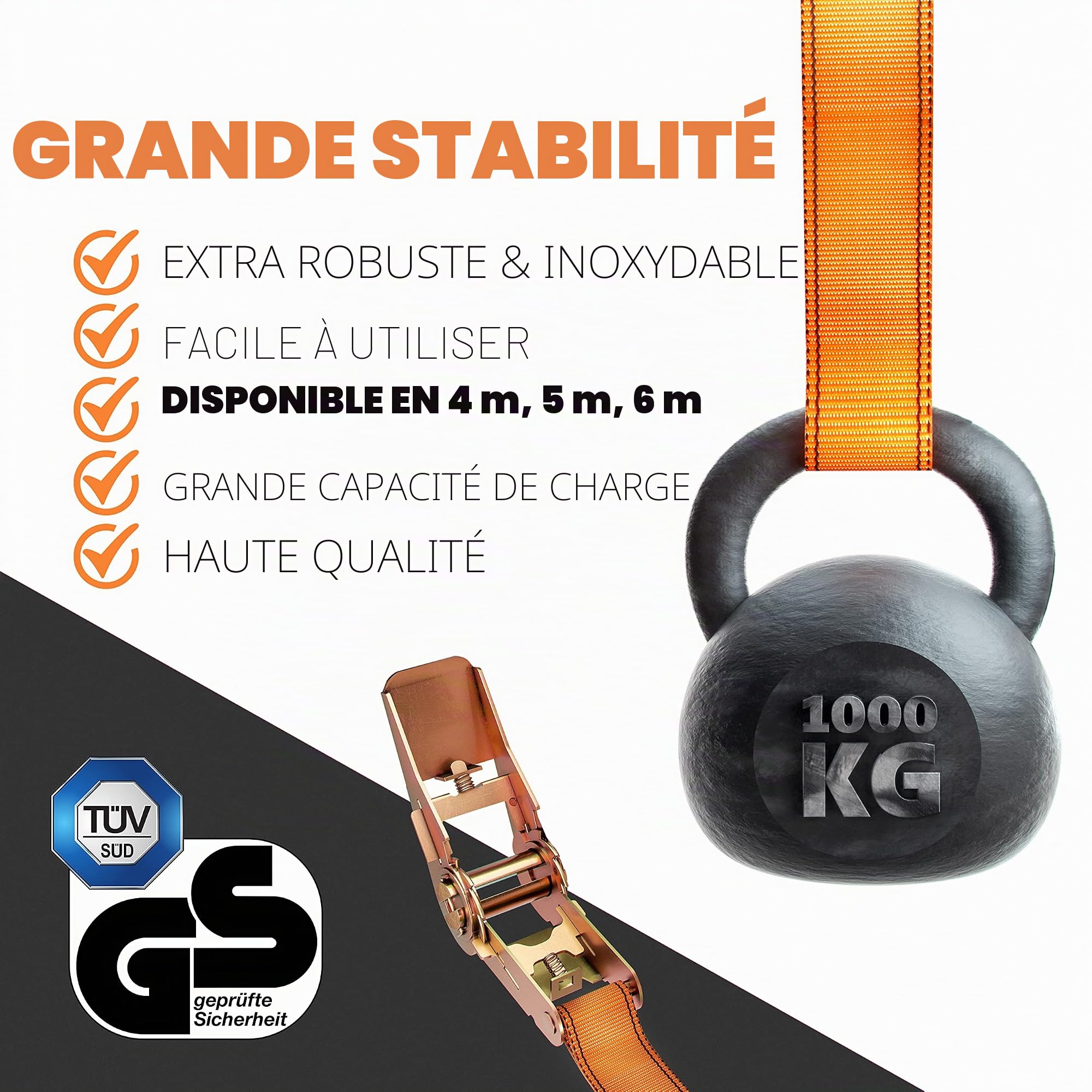 Heldenwerk Lot de 4 sangles d'arrimage avec cliquet de 4 m, 5 m ou 6 m - Certifiées TÜV/GS - Avec double couture - Résistantes aux intempéries et robustes, 1100020