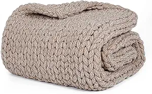 YnM Chenille Weighted Blanket, Handmade Chunky Knitted Design, Soft and Cozy, Temperature Regulating and Breathable, Machine Washable Throw for Sleep or Home Decor (Beige, 60x80 Inch, 20lbs)