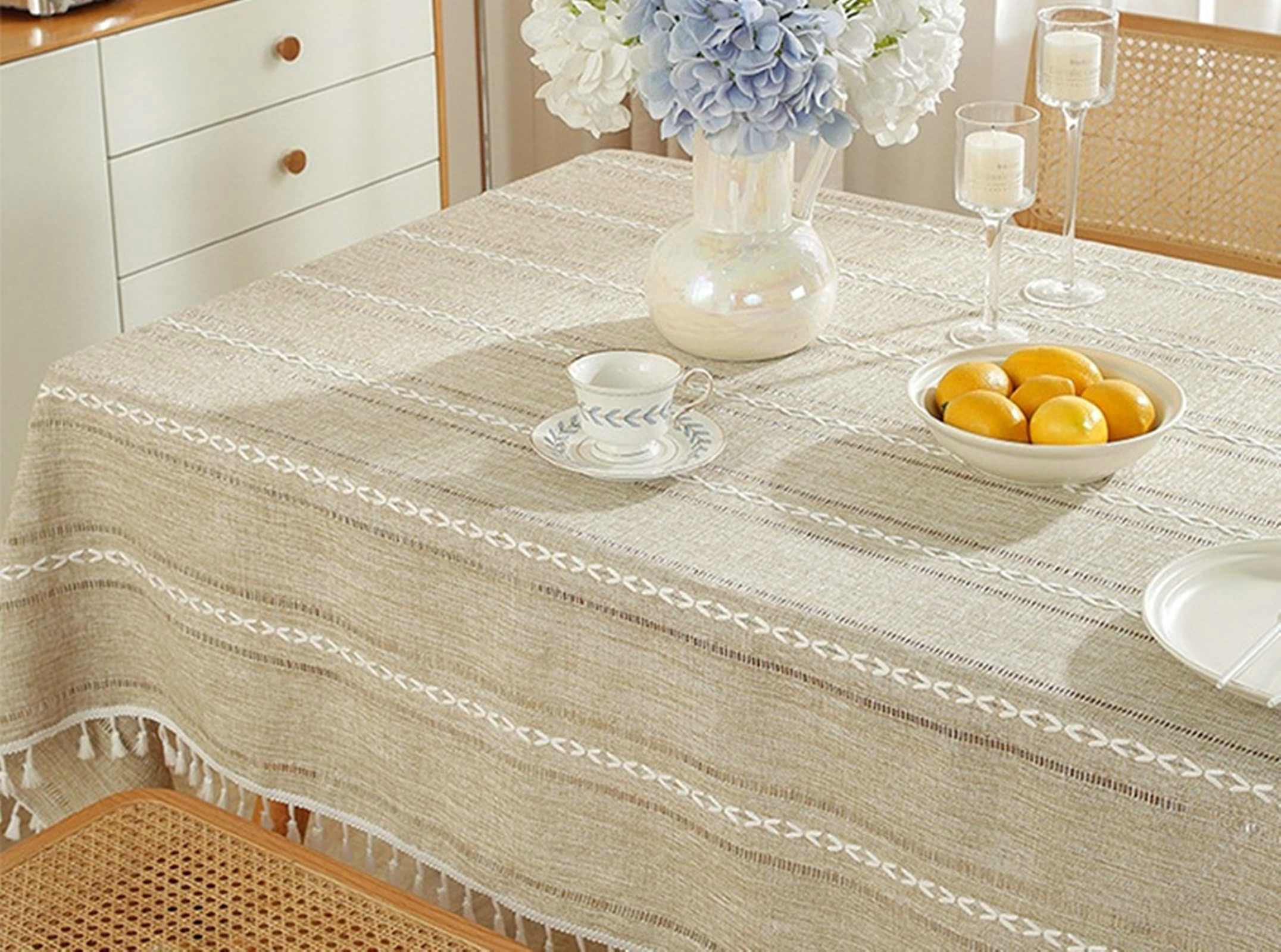 Gualiy Mantel Comedor Cuadrado, Poliéster Mantel de Cocina de Tela 140x240CM Mantel Impermeable Cocina Flores Bordadas a Rayas Manteles para Mesa de Cocina, Caqui
