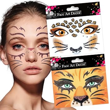 Animal Face Jew Stickers Leopard Print Glitter Face Stickers Cold Lion Temporary Face Stickers White Yellow Diamond Face Art Stickers Design Party Face/Eye/Body Art Accessories for Adults Children03