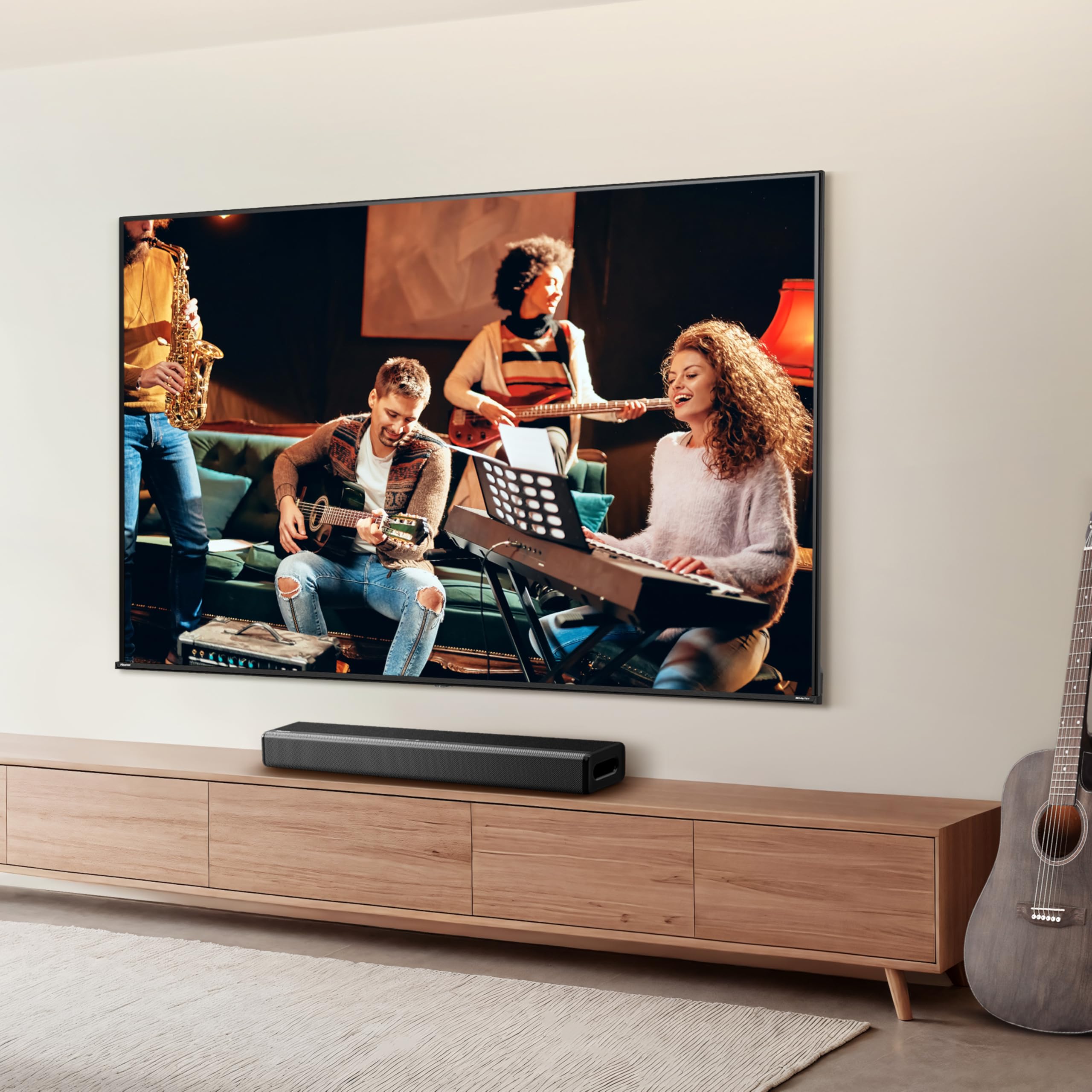 Hisense HS214 Barra de sonido de 2.1 canales, Con Subwoofer integrado, 108 W, Diseño Compacto todo en uno con Bluetooth, DolbyTV, HDMI ARC/Optical/AUX/ Audio, Roku USB, 3 modos EQ, Multicolo