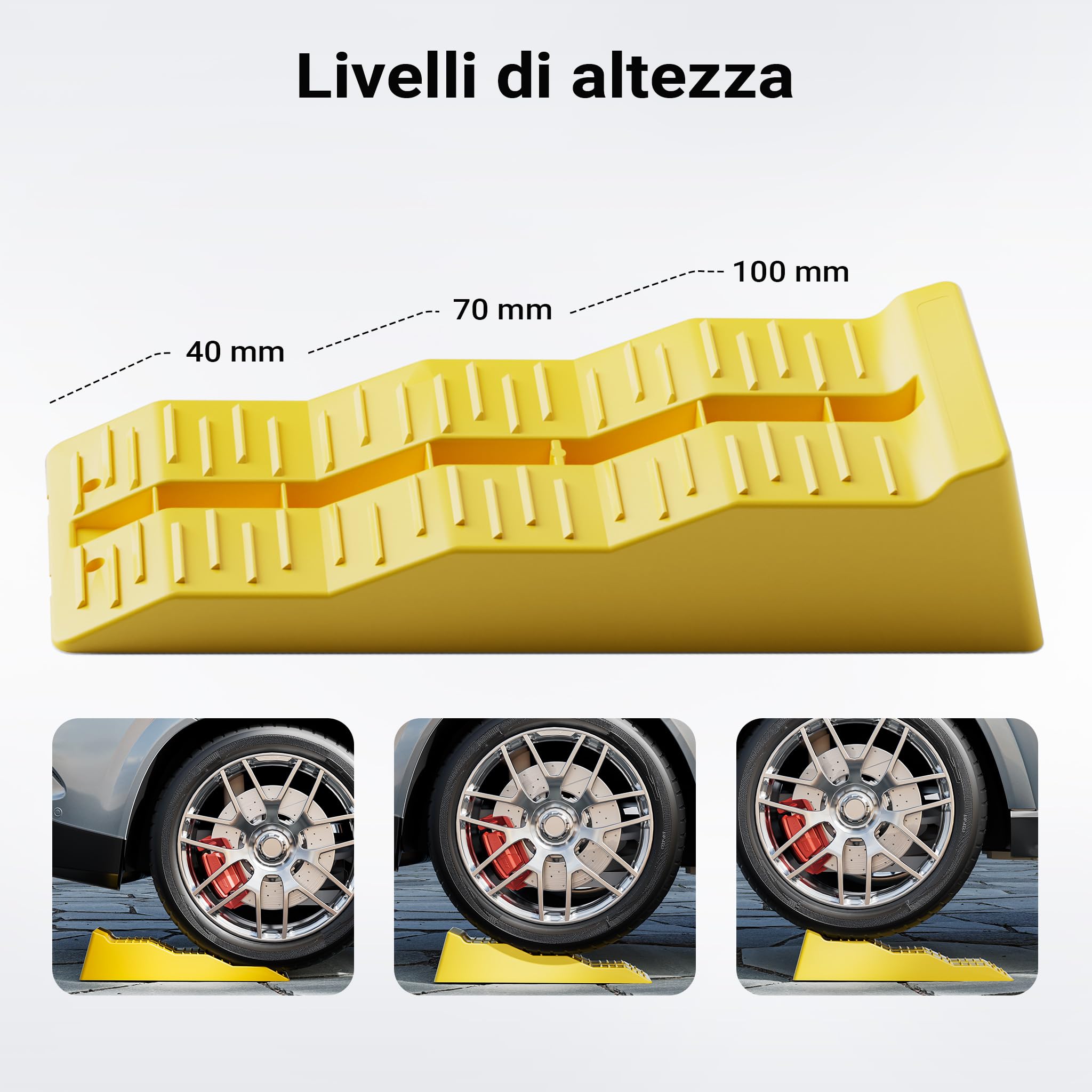 Cunei fermaruota Wiltec 3 altezze 40/70/100 mm Set 2 pezzi capacità carico 3 t per auto camper roulotte