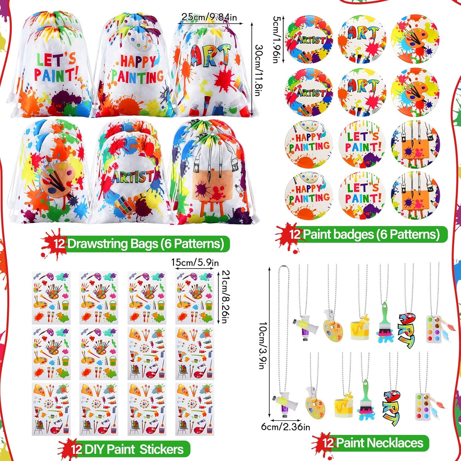 Jenaai 102 Pcs Art Paint Party Favor Supplies Set Gift Includes 12 Drawstring Backpacks 12 Bracelets 12 Badges 12 Keychains 18 Spiral Notepads 12 Pencils 12 Stickers 12 Necklaces