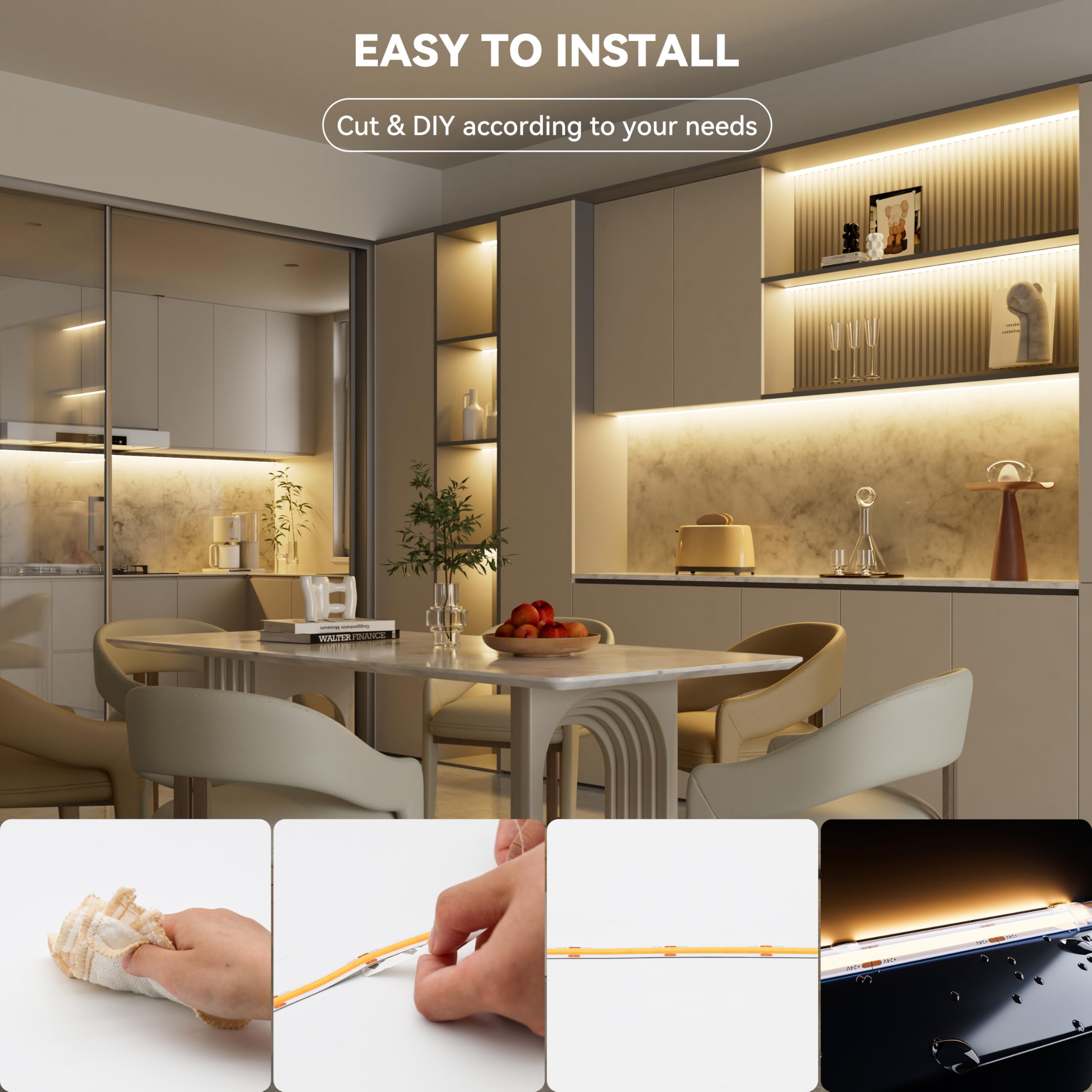 PAUTIX Tira de luz LED COB IP65 impermeable de 32.8 pies / 10 m, 5040 LED, blanco cálido 3000 K, cinta LED CRI90+ flexible de alto lúmenes, súper brillante DC24V, para proyectos de iluminación de