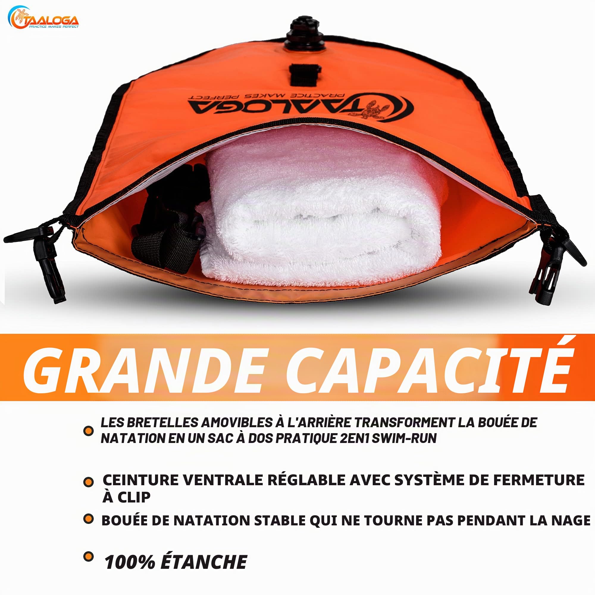 TAALOGA® Bouée de natation 2 en 1 et sac à dos étanche | Sac sec | Open Water Swim | Idéal pour la natation en eau libre | SUP | Voile | Canoë | Entraînement de triathlon