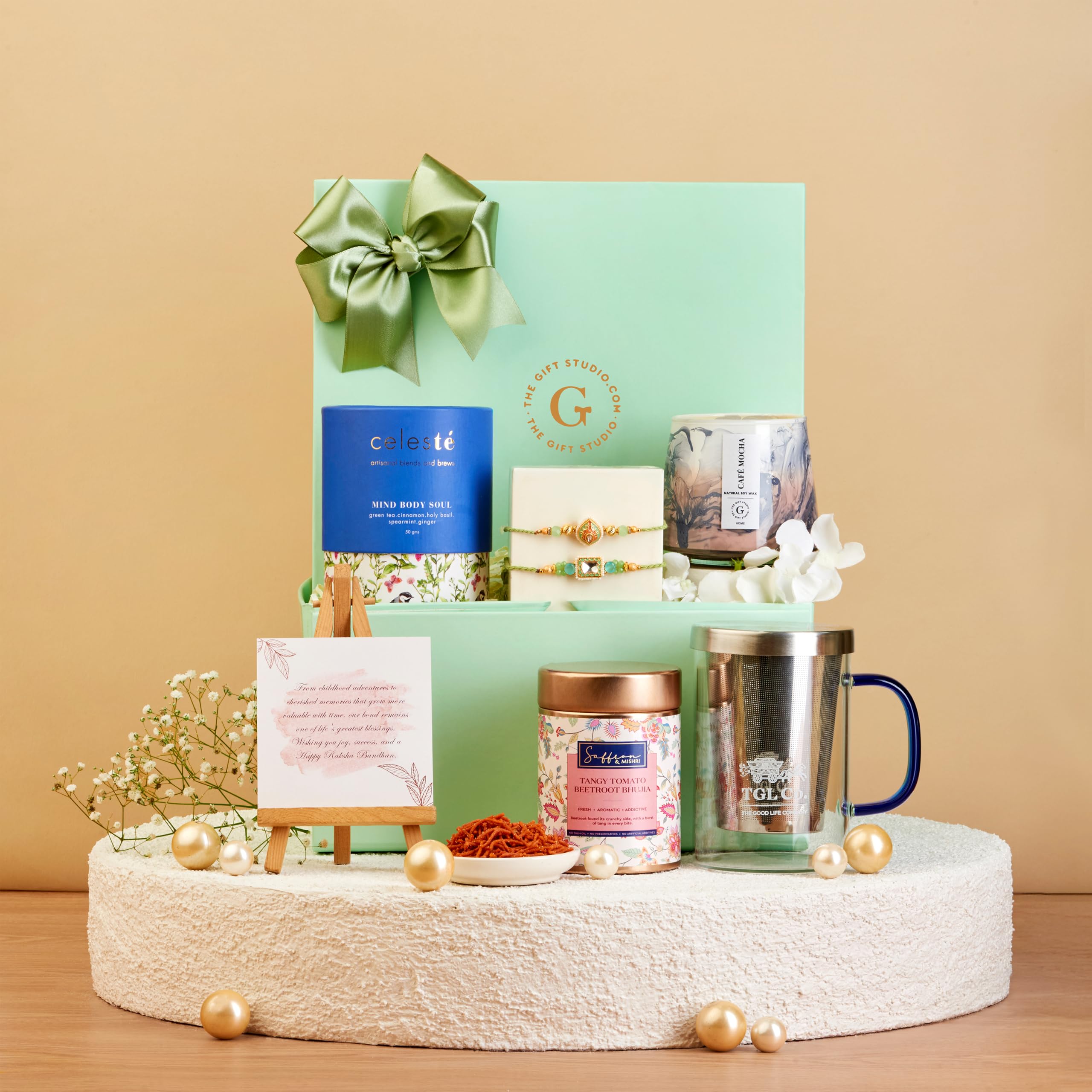 THE GIFT STUDIO.COM | Elegant Meenakari Set of 2 Rakhi Hamper for Brother | Designer Meenakari Rakhis, Tea Mug, Cinnamon Tea & Premium Gift Box | Raksha Bandhan Gift-image-11