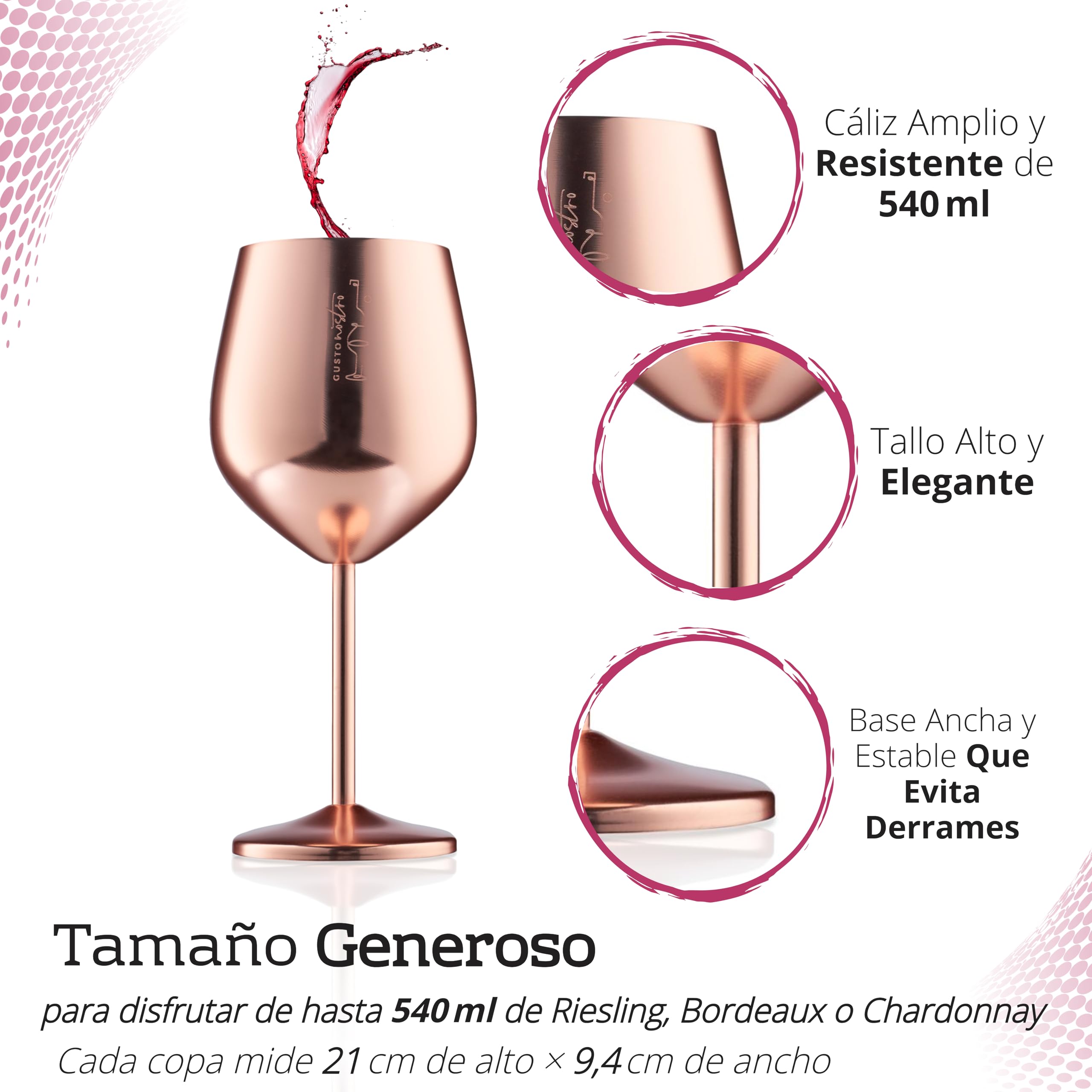 Gusto Nostro Copa de Vino de Acero Inoxidable - 530 ml (18 oz) - Copas de Vino Irrompibles de Oro Rosa para Viajes, Camping y Piscina - Copa de Vino de Metal Portátil Elegante, Única y Genial para