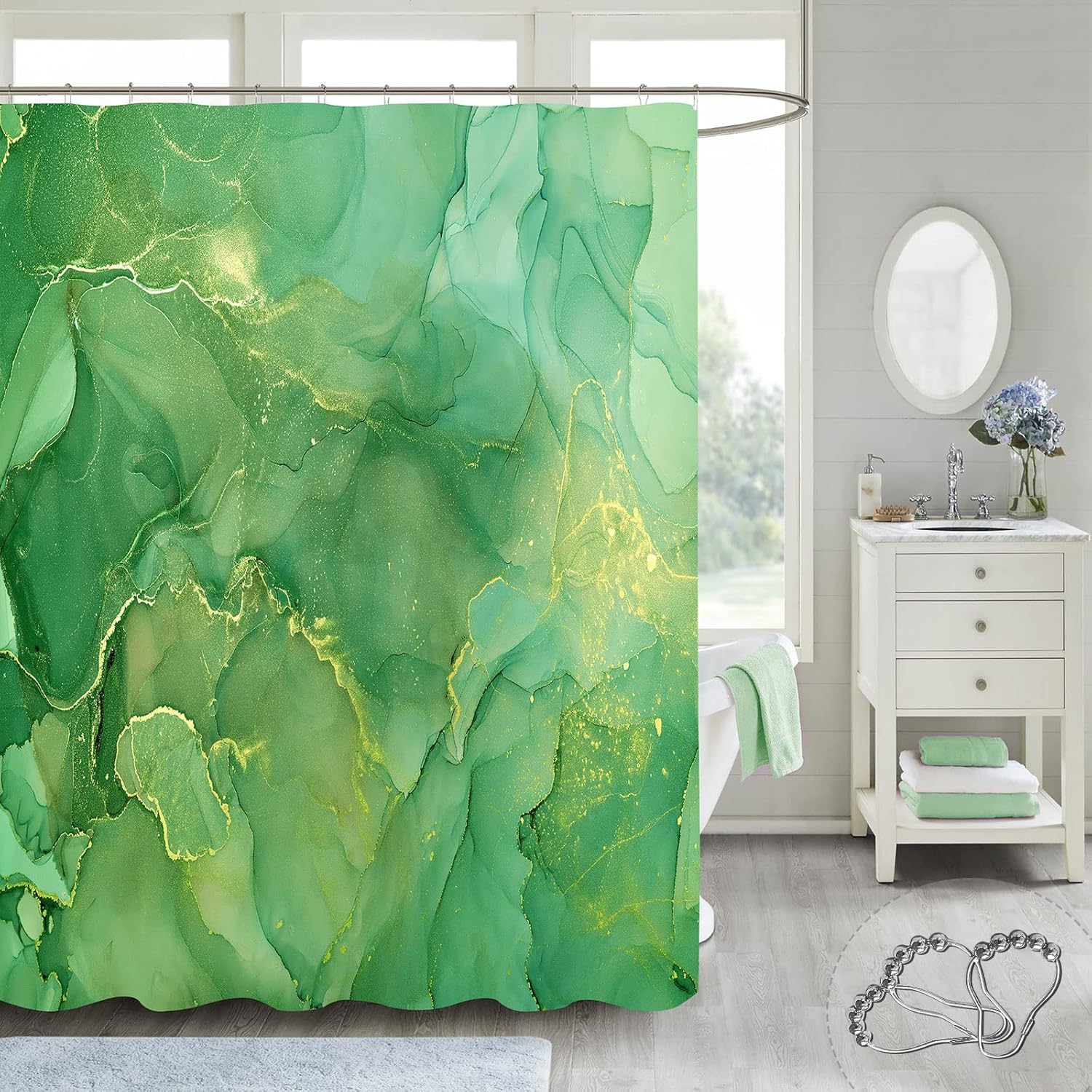 Gibelle Green Shower Curtain, Abstract Marble Fabric Shower