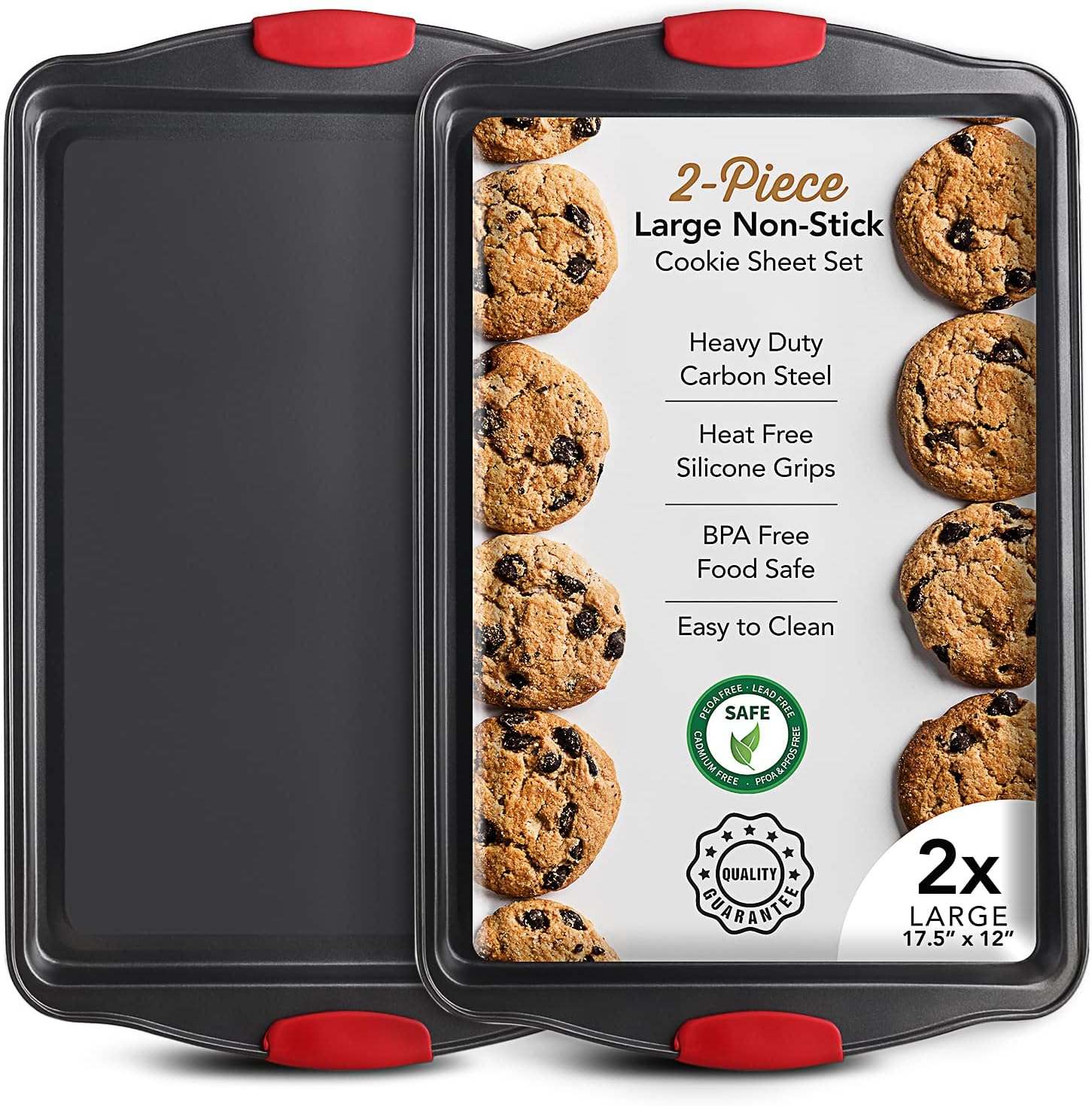 Baking Sheet Set, 2-Piece Large Cookie Sheet Set with Silicone Handles, Steel Baking Pan, Baking Sheets for Oven, BPA Free Nonstick Set, Half Sheet Pans, Black Baking Tray