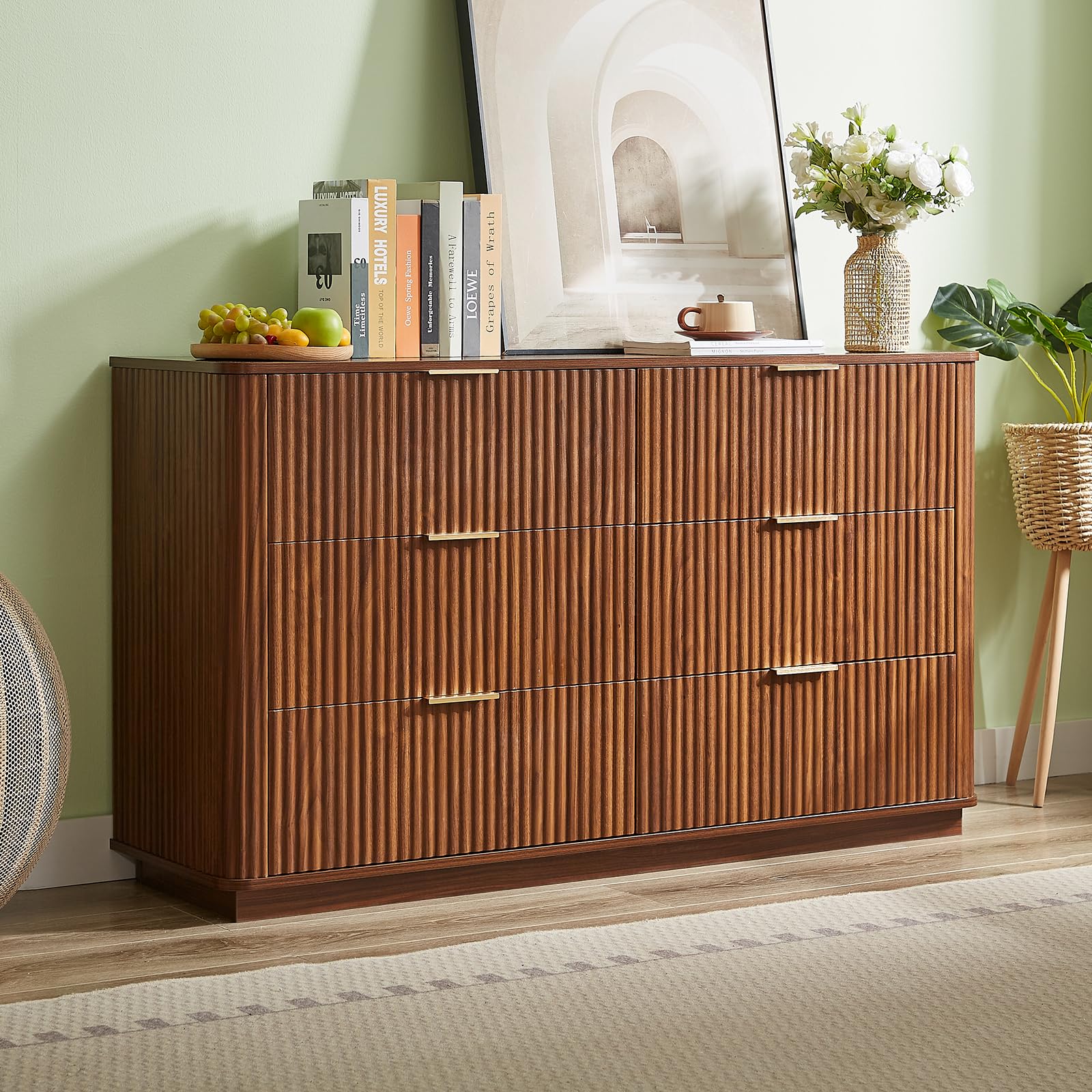 Evermagin 55" Walnut Fluted Dresser with 6 Drawers for Bedroom, Long Dresser TV Stand with Metal Handle, Wooden Modern Chest of Drawers with Curved