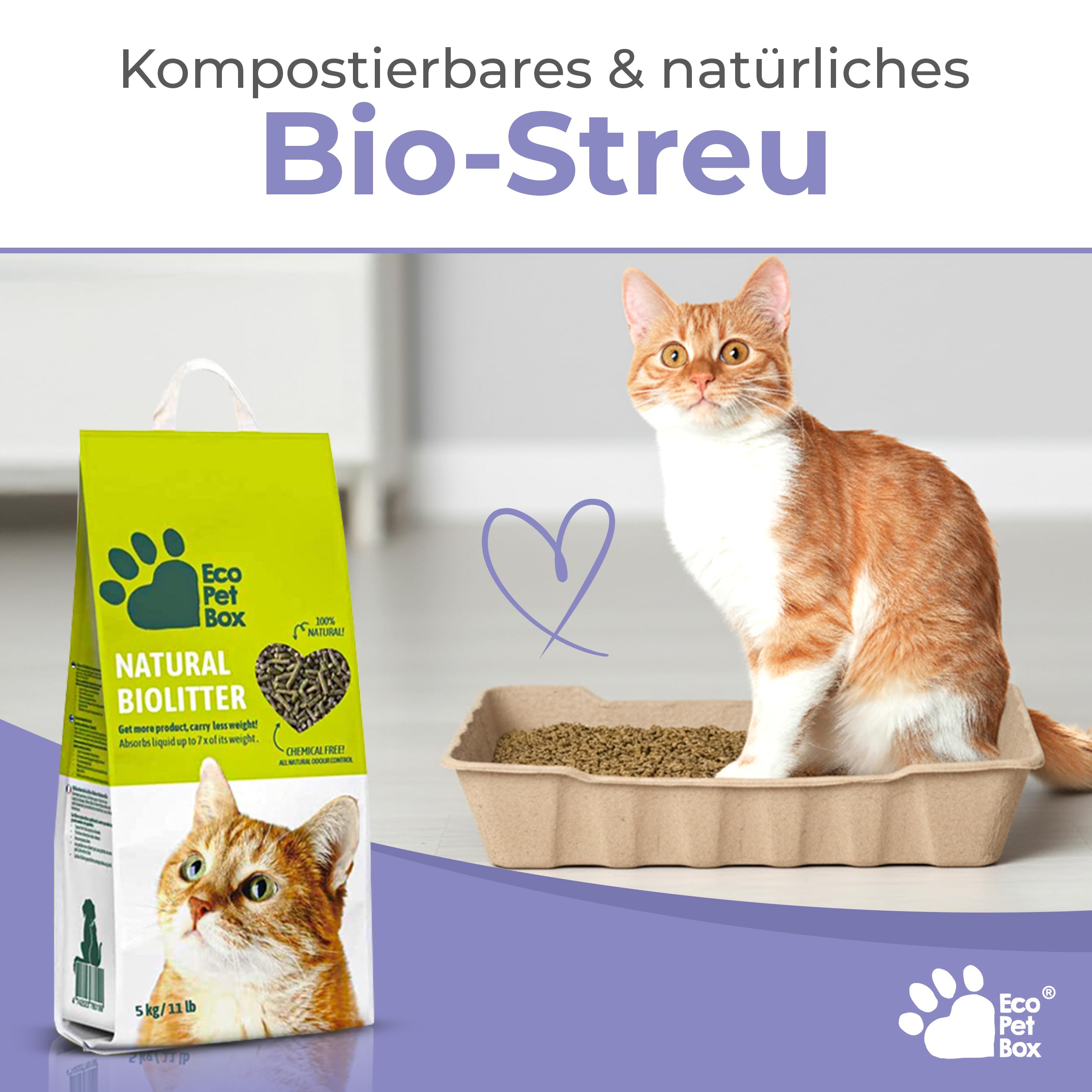 EcoPetBox Litière pour chat bio compostable 15 kg – Non agglomérante pour chats multiples, sans poussière, granulés de bois naturel pur