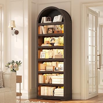 79.4"Tall Arched Cabinet,Bookcase with storage,Mid-Century Modern 7-Tier Bookshelf with RGB Light,2 Book Risers,Adjustable Shelf offering more space for Living Room,Kitchen,Home OfficeWalnut