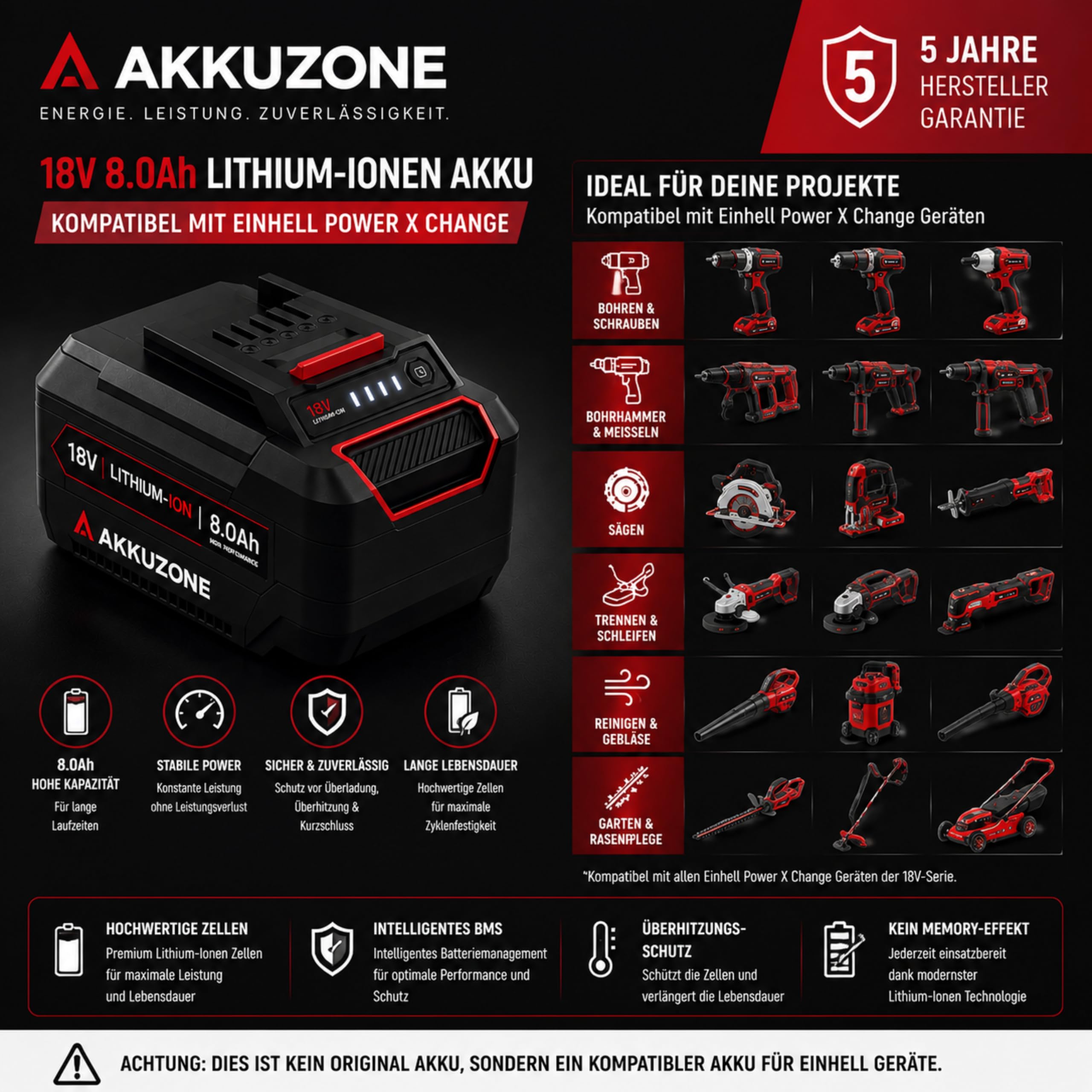 Batería de repuesto de 18 V y 8,0 Ah compatible con Einhell Power X-Change – Batería de ion de litio con indicador LED de estado de carga y sistema de gestión de batería
