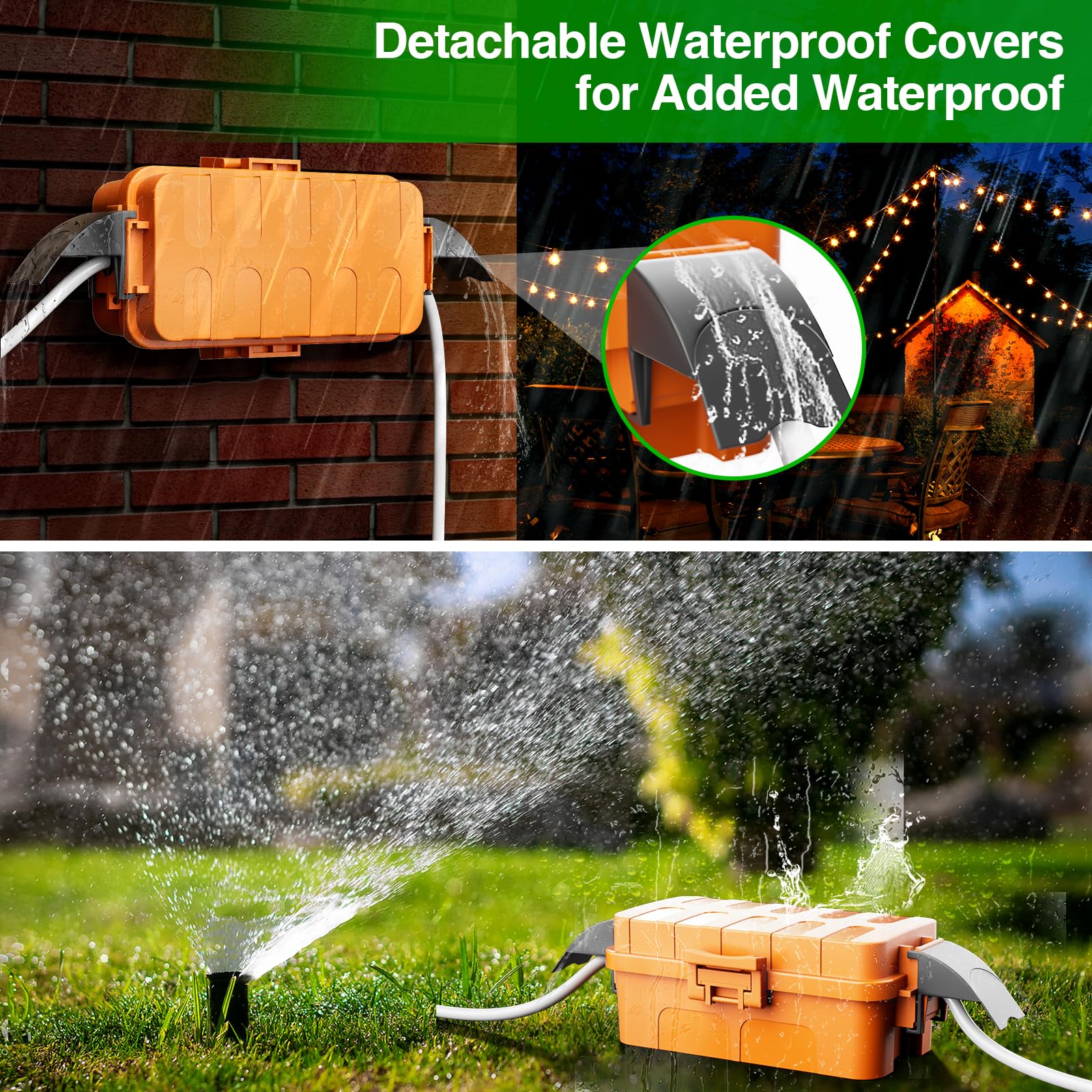 Flemoon Confezione da 2 scatole elettriche impermeabili con coperture staccabili, copertura per cavo di prolunga impermeabile IP55 per spina, uscita, Halloween, Natale, vacanze, luci stringa arancione