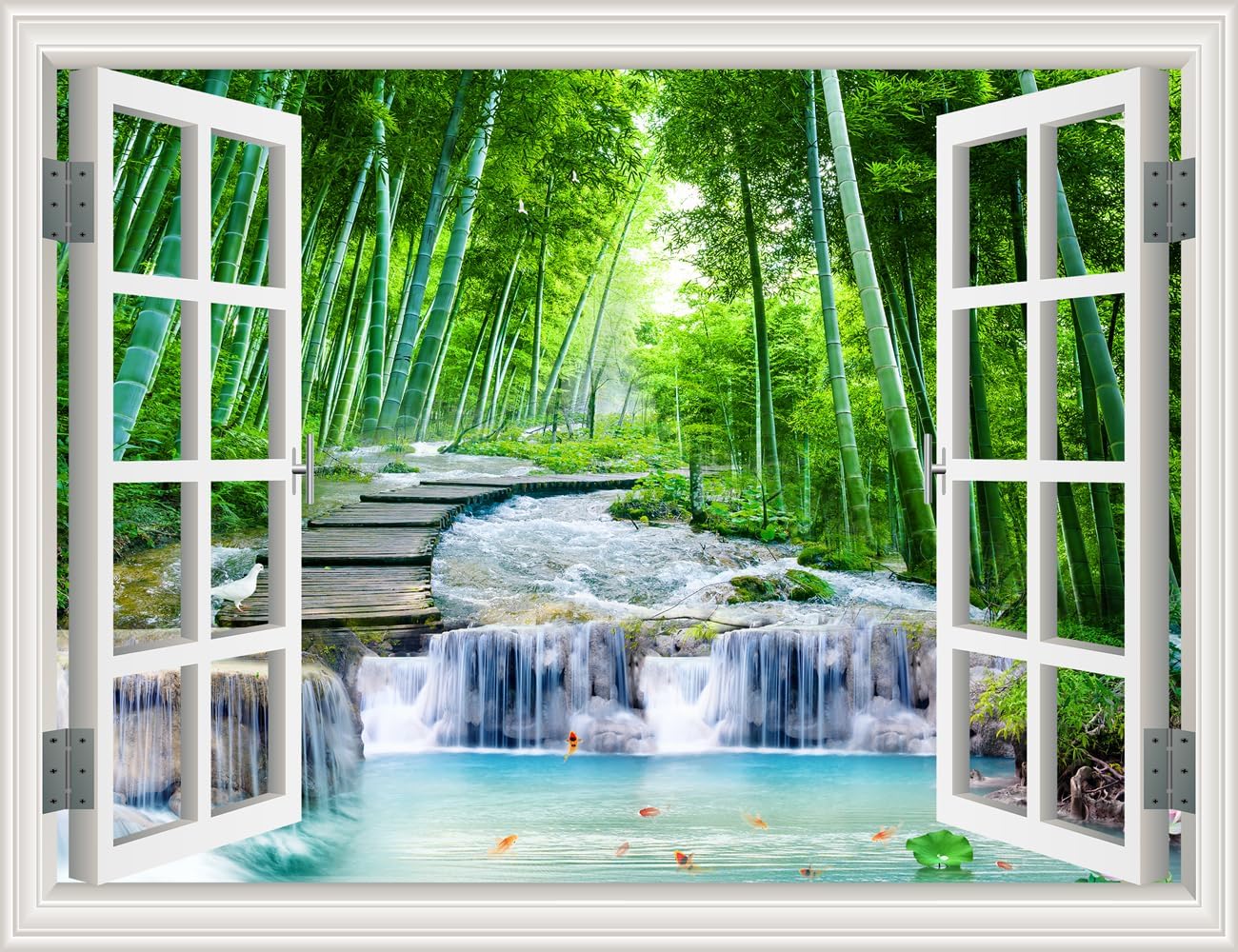 3D Self-Adhesive Painting Fake Window Wall Stickers Tropical Island with Palm Trees Wall Mural Window View Wall Decor for Home (Bamboo Garden, 32"×48")