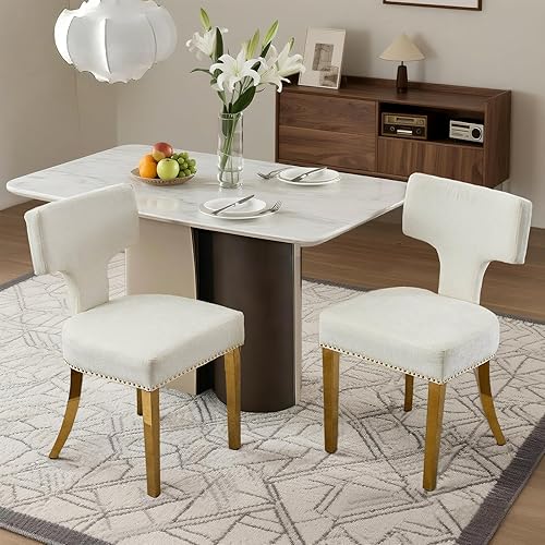 Miniatura 13 de SoarFlash Juego de 2 sillas de comedor modernas de madera, silla tapizada de tela de lino de granja, respaldo curvado con clavos de cobre alrededor,
