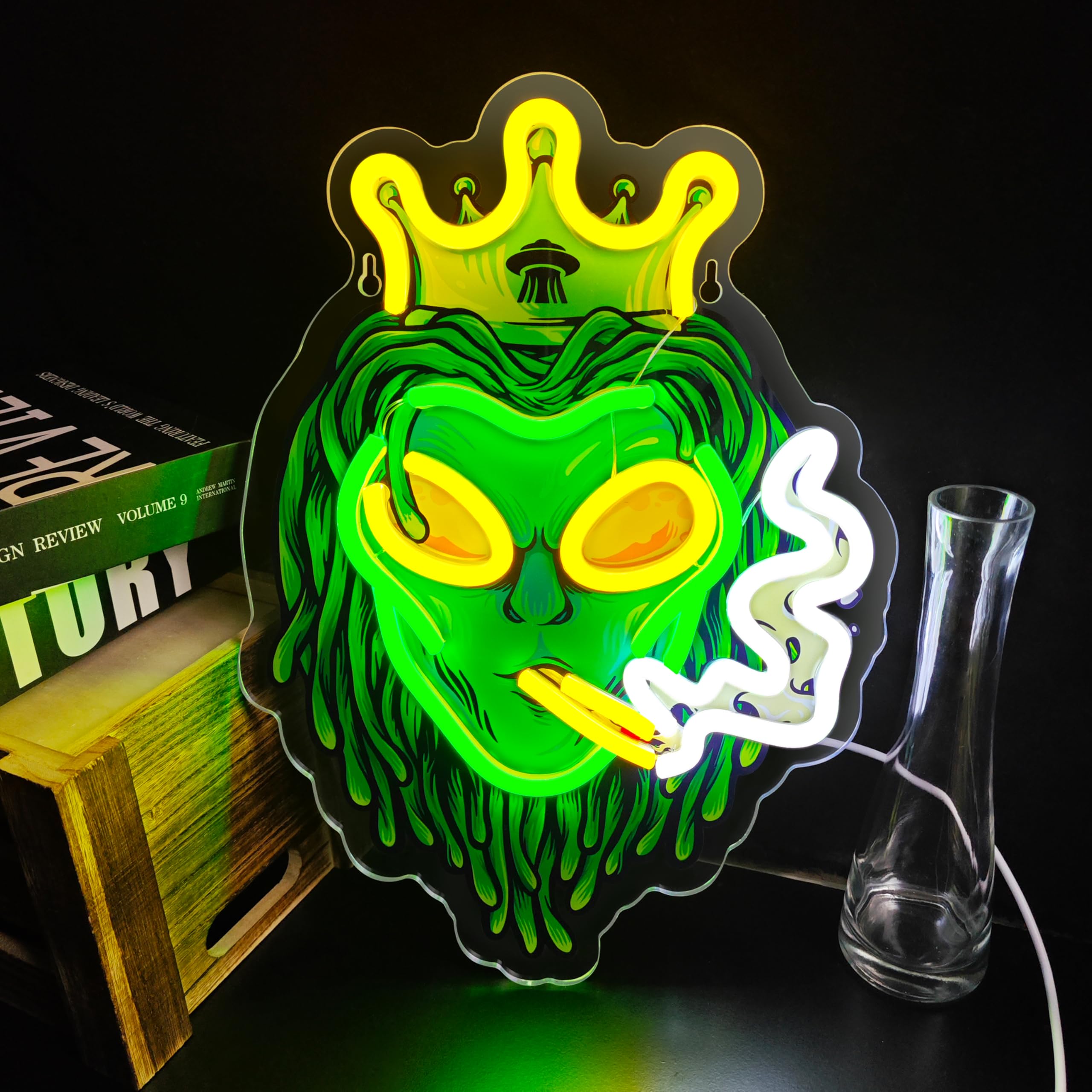 Green Alien Neon Signs LED Lights Crown Smoking Alien Neon Lights LED Signs USB Dimmable Crown Alien LED Neon Lights Signs for Bedroom Game Room Man